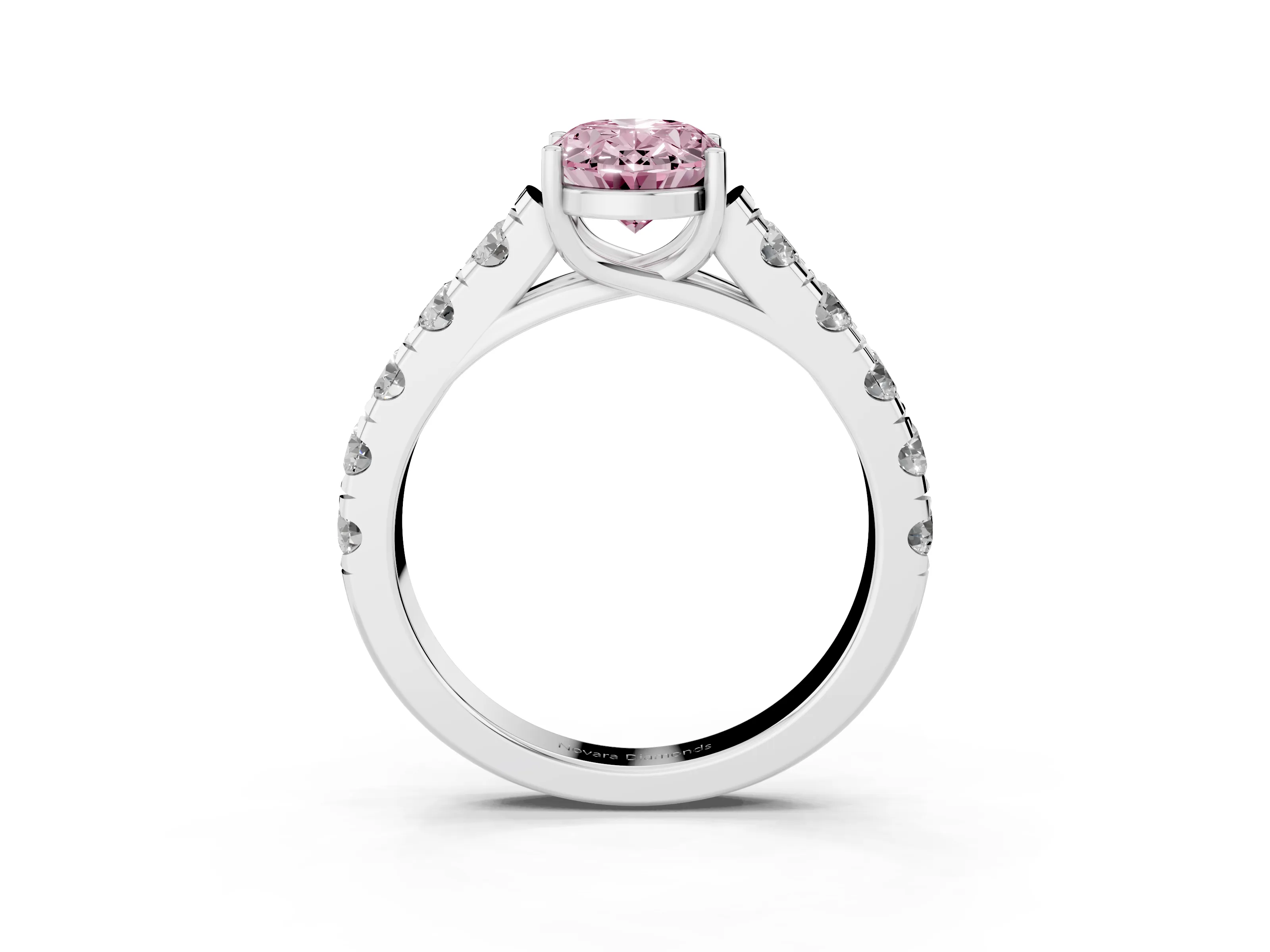 Fancy Pink Oval Cut Diamond Solitaire Ring Set in White gold with Cut-Down Micro Pavé Band and Prong Setting