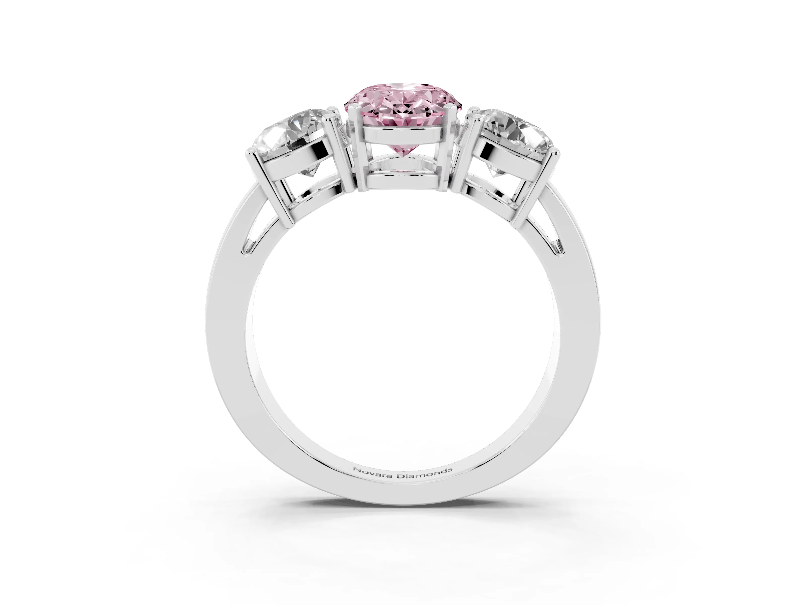 Fancy Pink Oval Cut Diamond Three-Stone Ring Set in White gold with Round Side Stones and Classic Band
