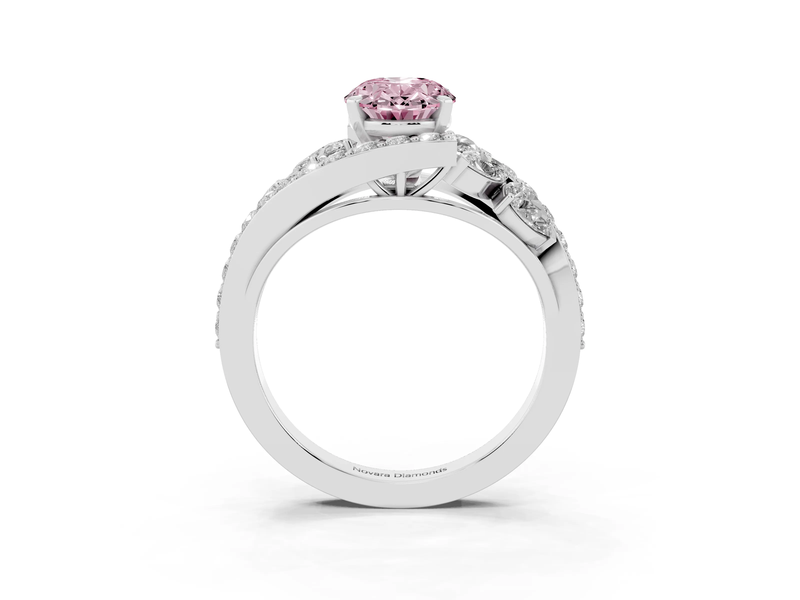 Fancy Pink Oval Cut Diamond Halo Ring Set in Platinum with Marquise and Pavé Band in Prong Setting