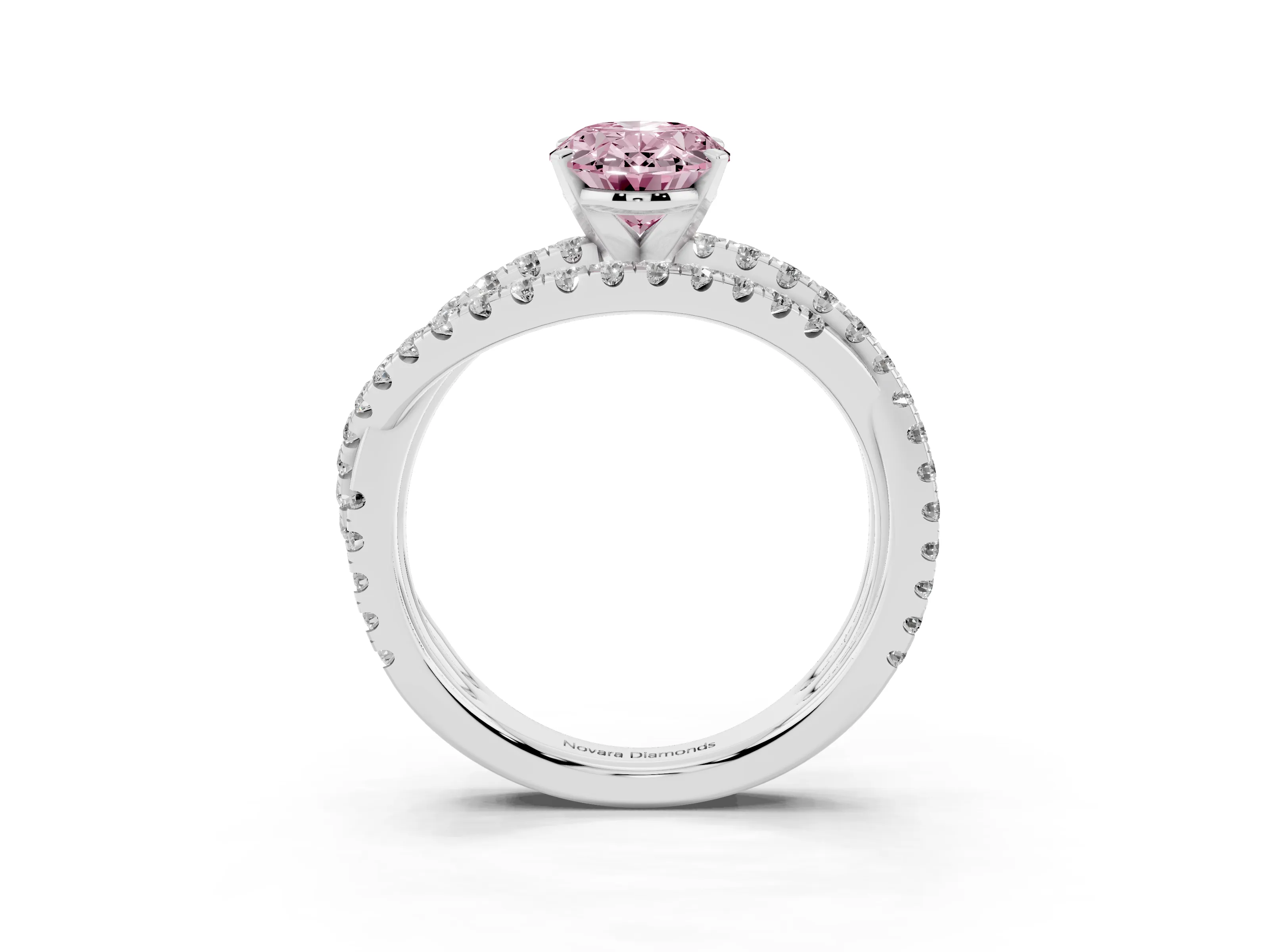 Fancy Pink Oval Cut Diamond Solitaire Twist Band Ring Set in Platinum with Pavé Setting and Prong Head