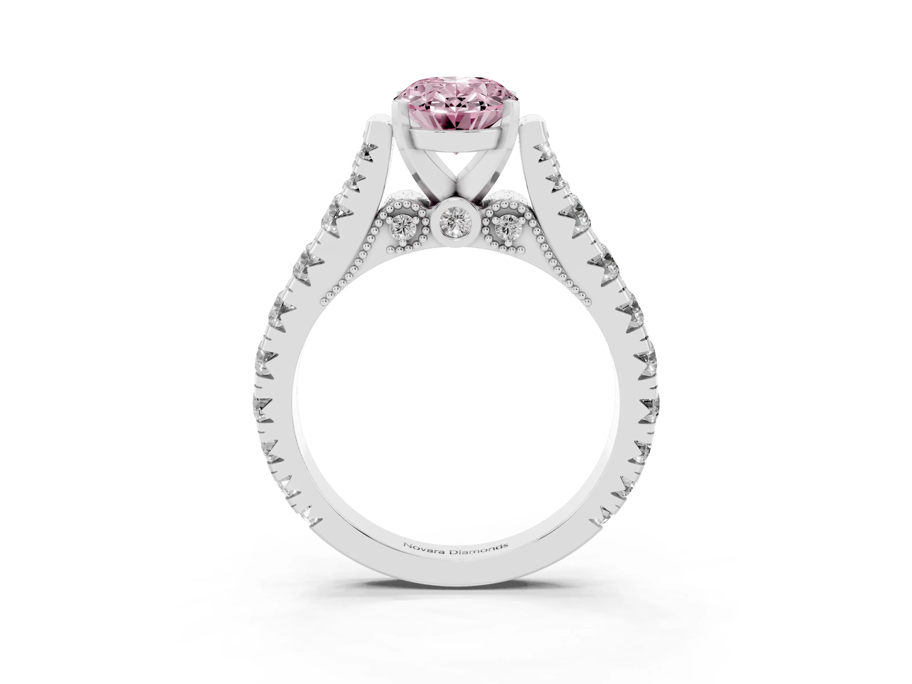 Fancy Pink Oval Cut Diamond Classic Solitaire Ring Set in Platinum with Pavé Band and Prong Setting