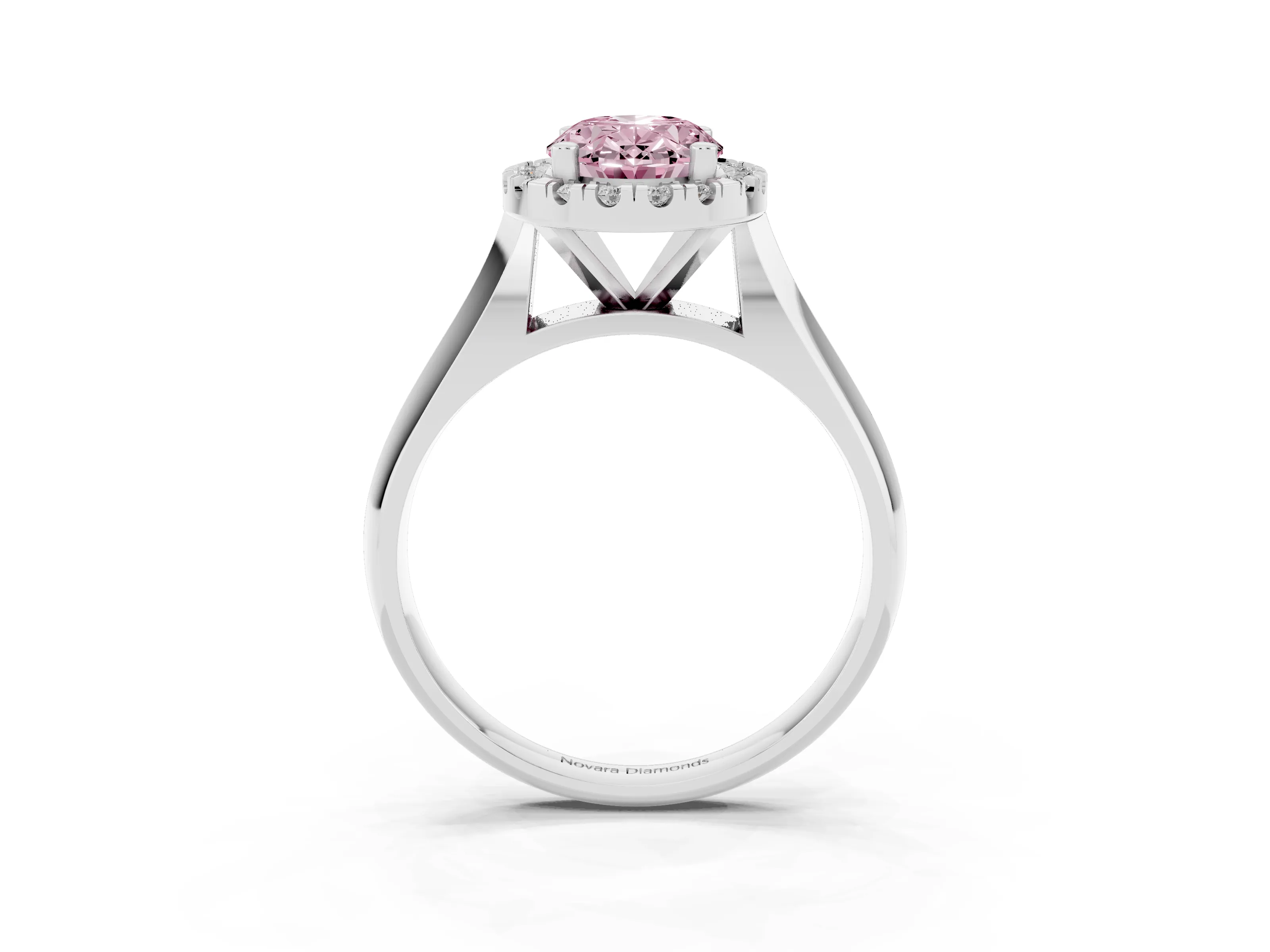 Fancy Pink Oval Cut Diamond Halo Solitaire Engagement Ring Set in Silver with Square Band and Prong Setting
