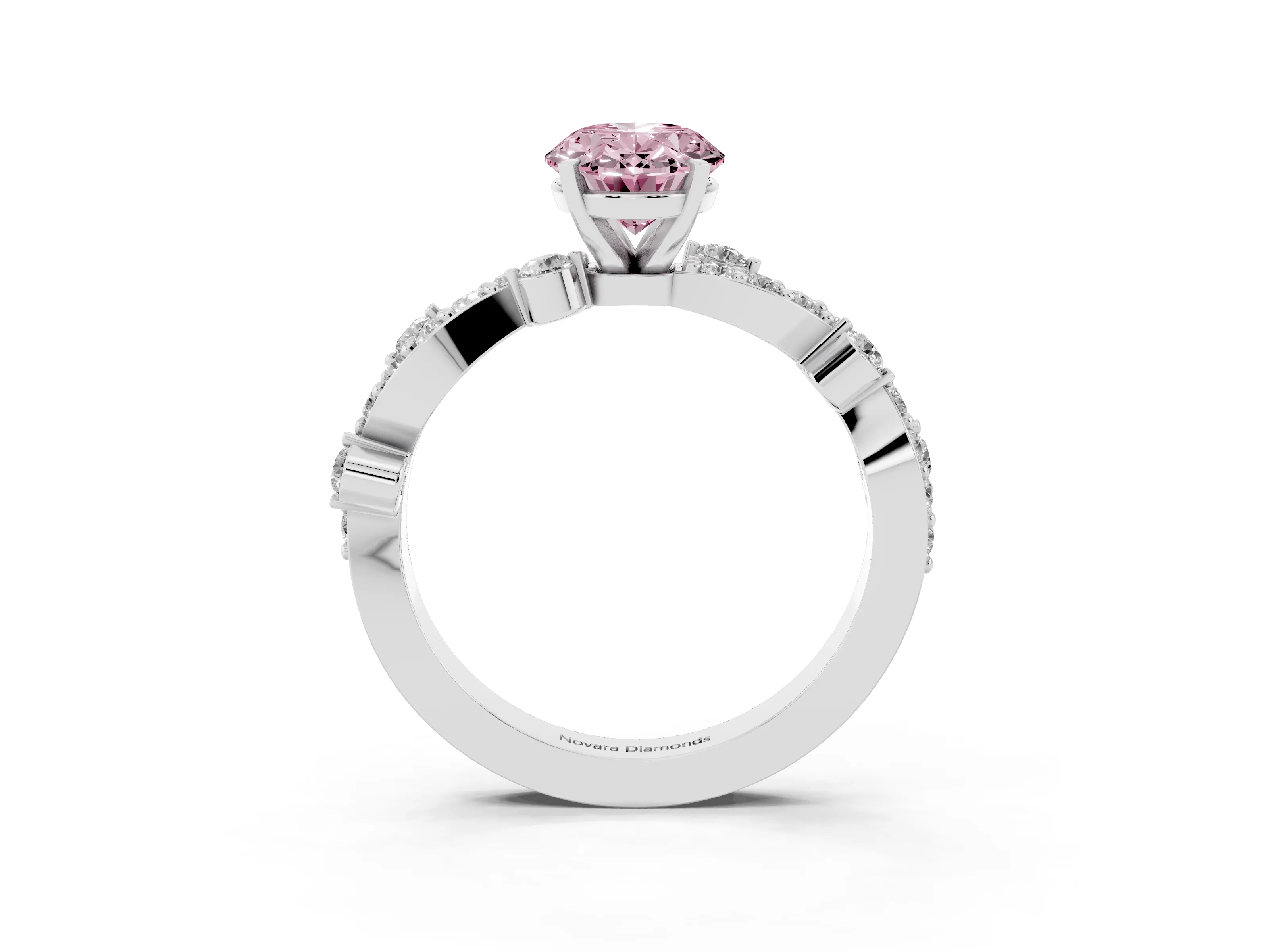 Fancy Pink Oval Cut Diamond Solitaire Twisted Band Set in White gold with Pavé Setting
