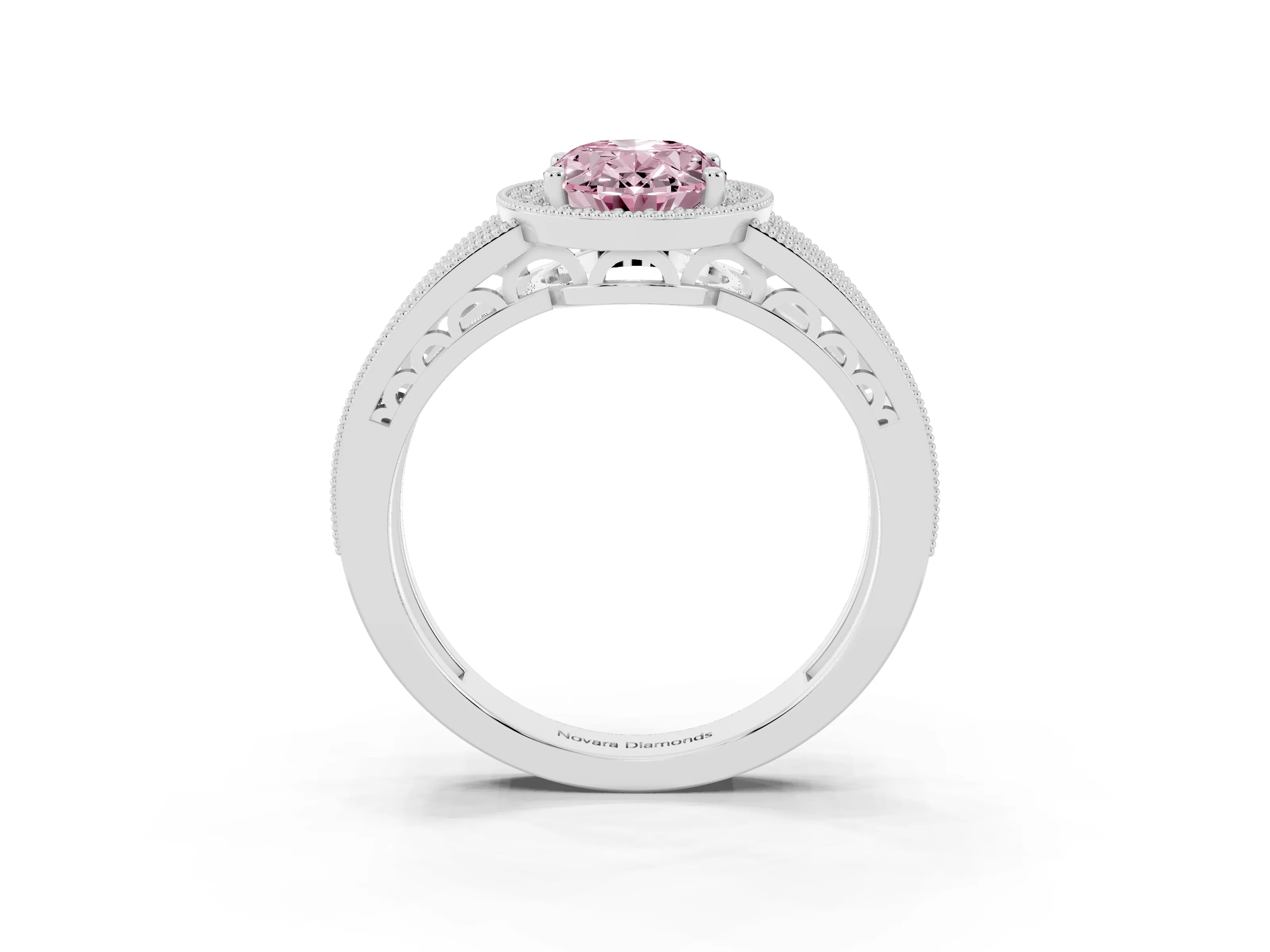 Fancy Pink Oval Cut Diamond Halo Ring Set in White gold with Accent Split Shank and Prong Setting
