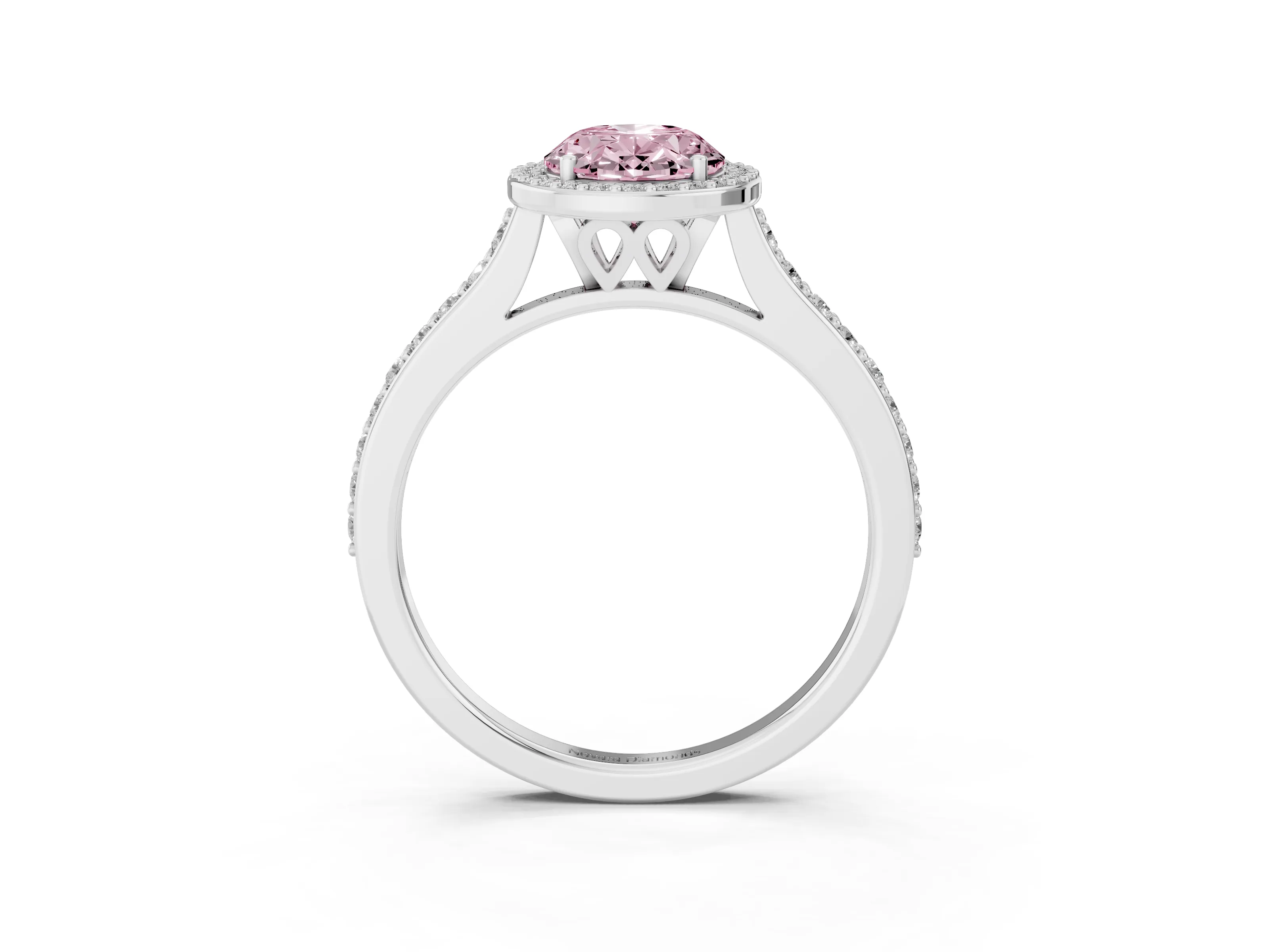 Fancy Pink Oval Cut Diamond Halo Engagement Ring Set in White gold with Round Pavé Shoulders and Heart Gallery