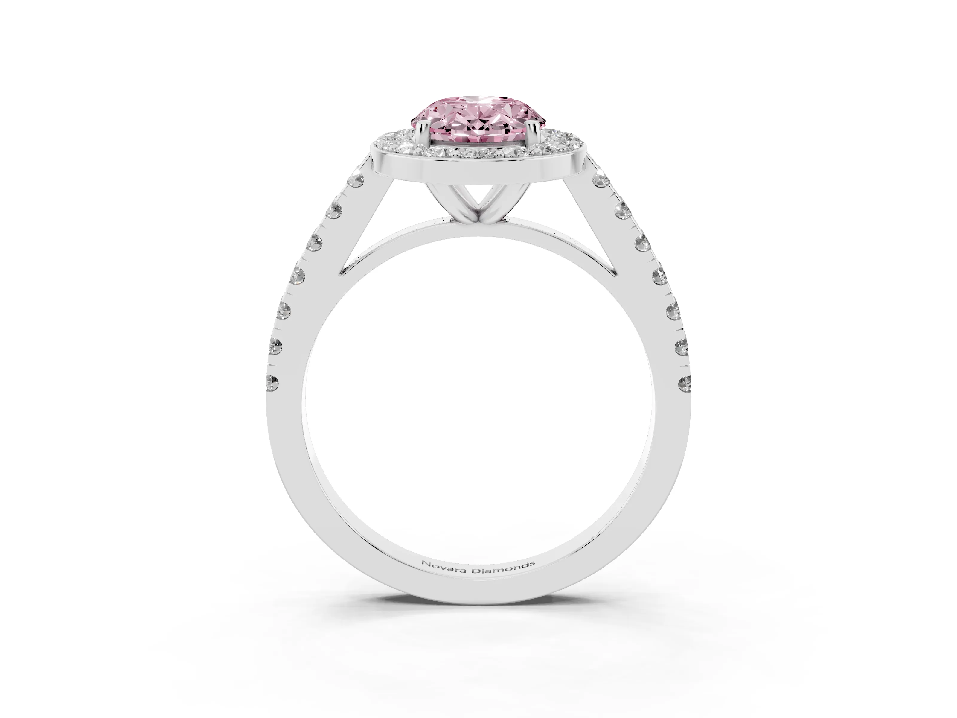 Fancy Pink Oval Cut Diamond Halo Ring Set in Silver with Round Pavé Split Shank and Prong Setting