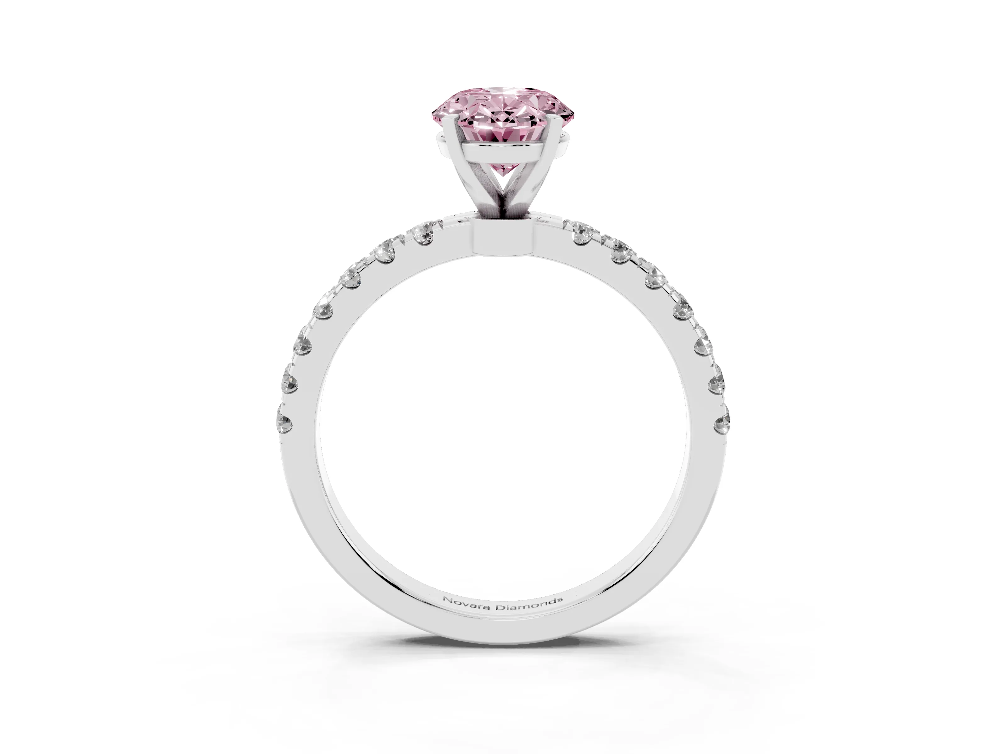 Fancy Pink Oval Cut Diamond Solitaire Ring Set in Platinum with Pavé Accents and Prong Setting