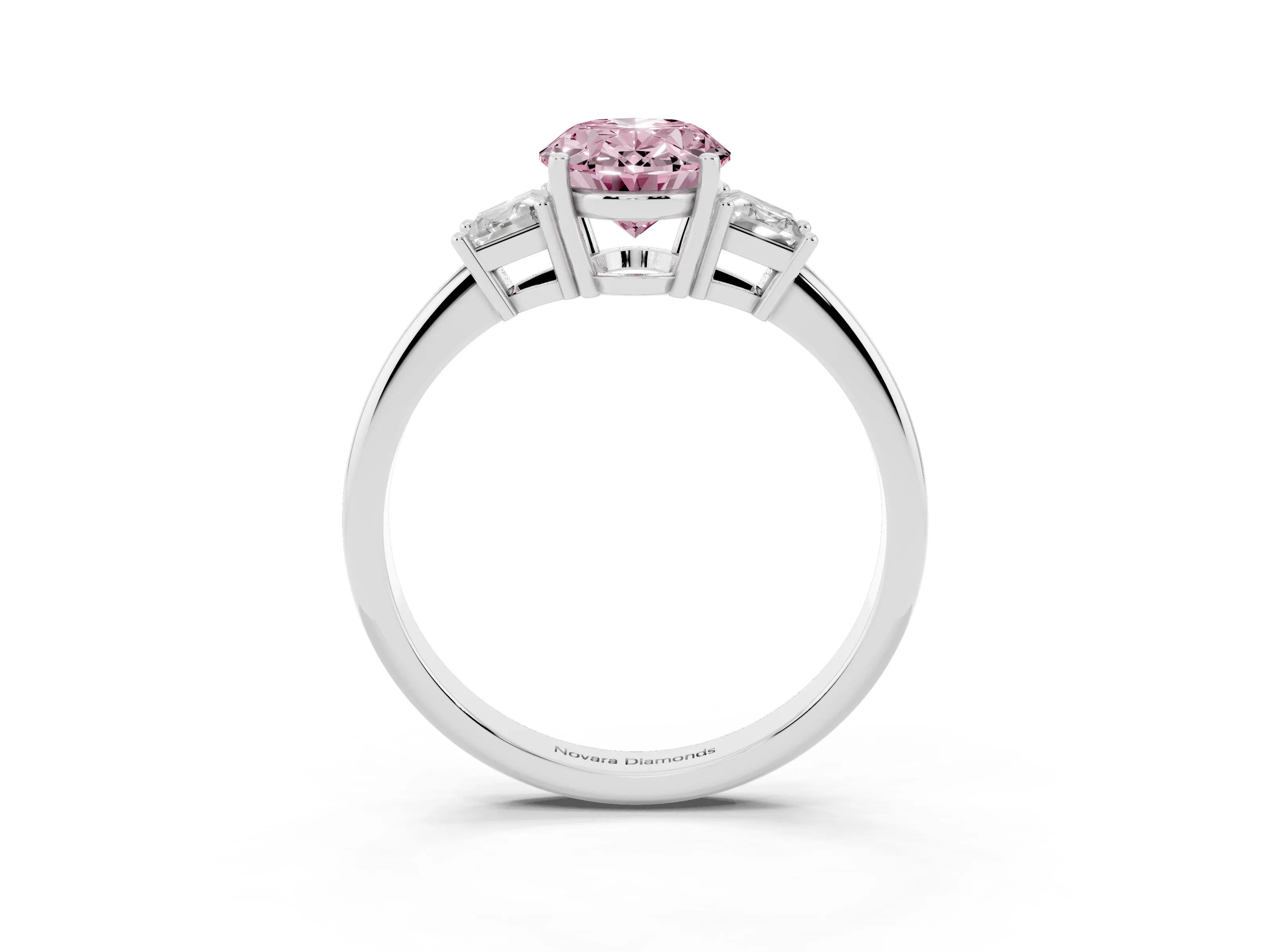 Fancy Pink Oval Cut Diamond Three-Stone Ring Set in White gold with Trapezoid Side Stones and Prong Setting