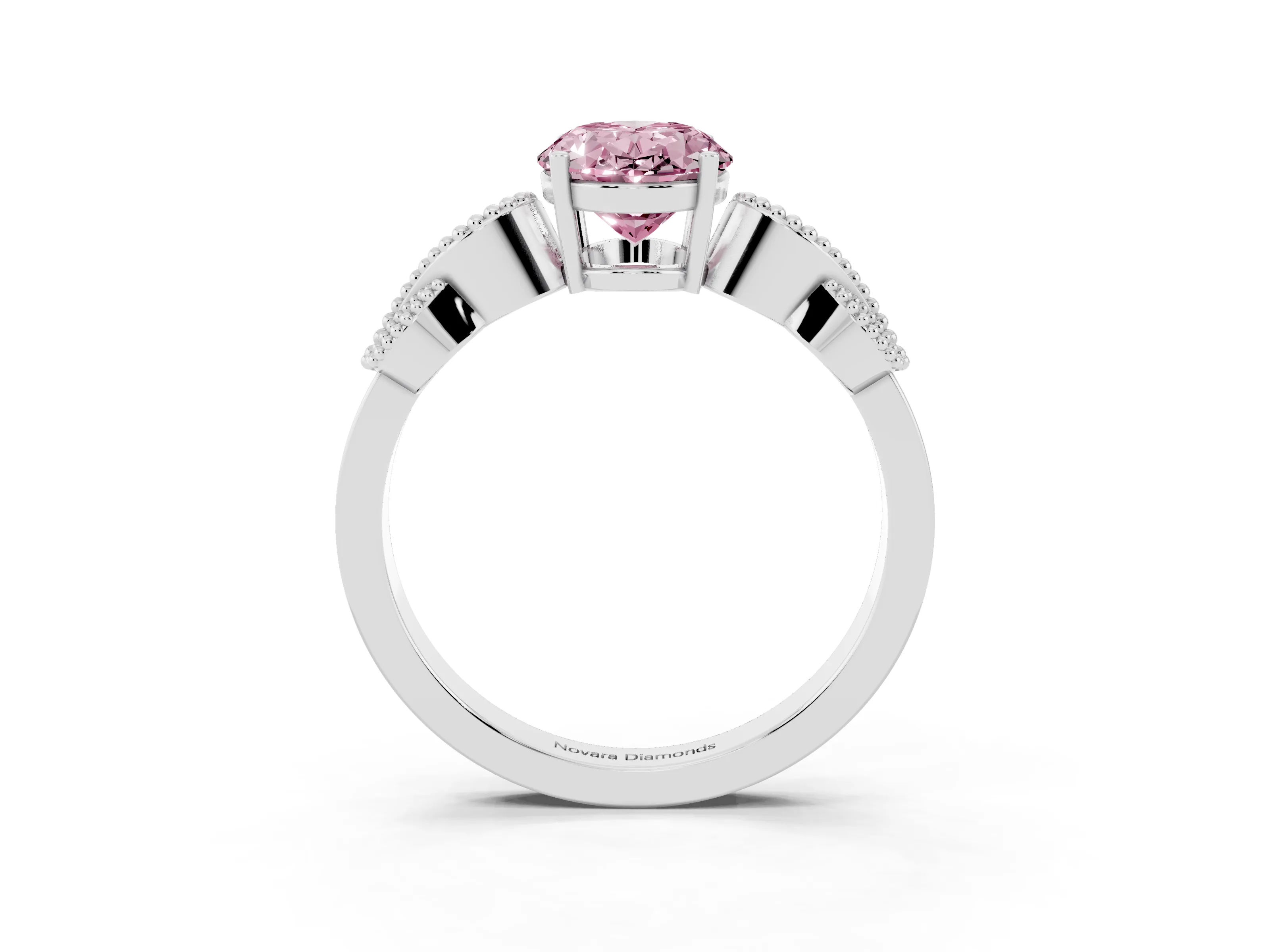 Fancy Pink Oval Cut Diamond Milgrain Leaf Band Solitaire Ring Set in White gold with Accent Stones and Prong Setting