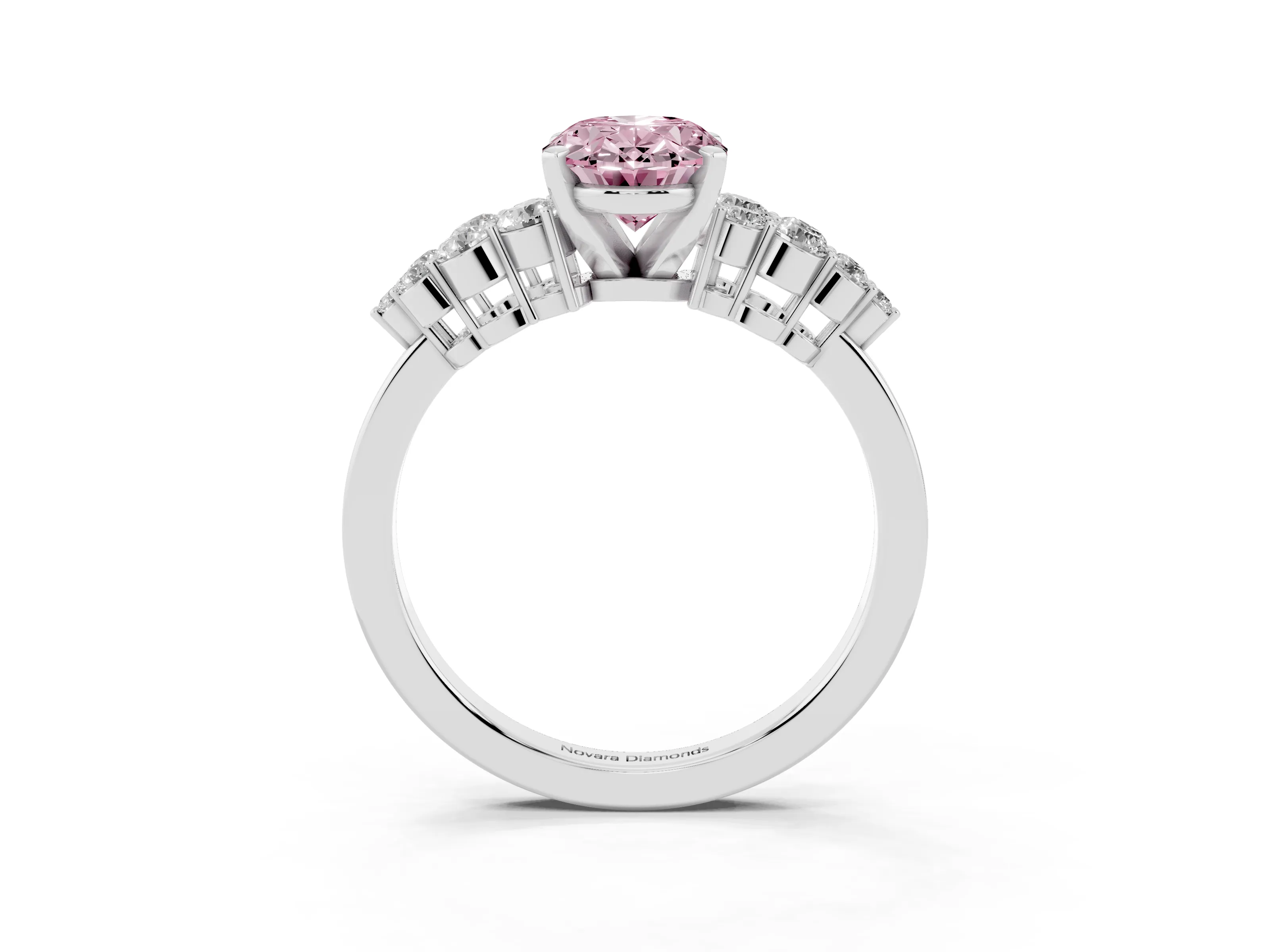 Fancy Pink Oval Cut Diamond Cluster Engagement Ring Set in Silver with Pavé Band and Prong Setting