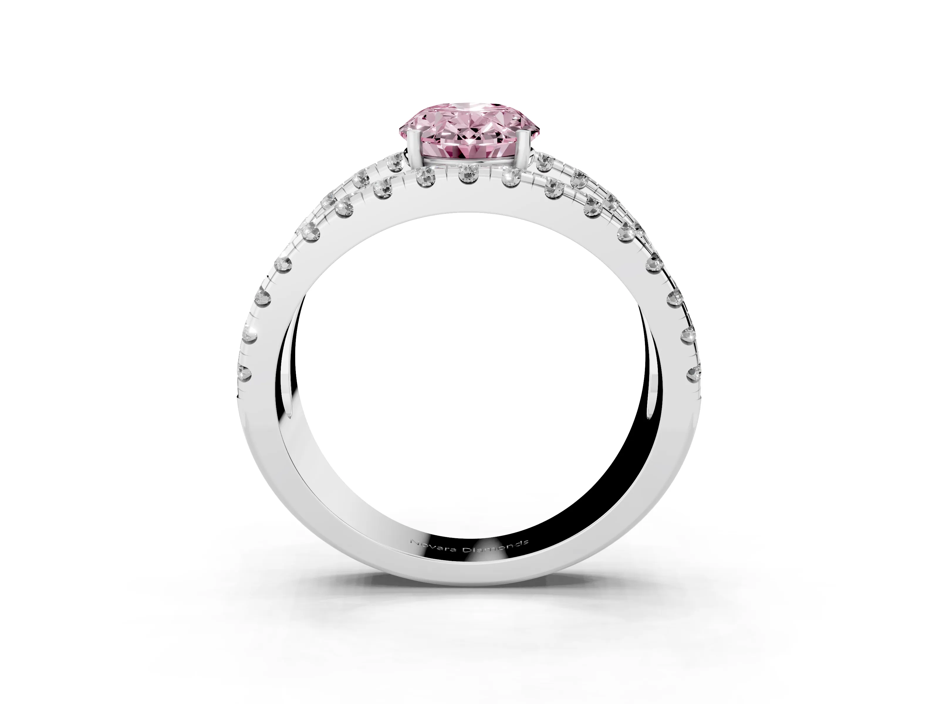 Fancy Pink Oval Cut Diamond Split Shank Pavé Solitaire Ring Set in Platinum with Open Shank Design