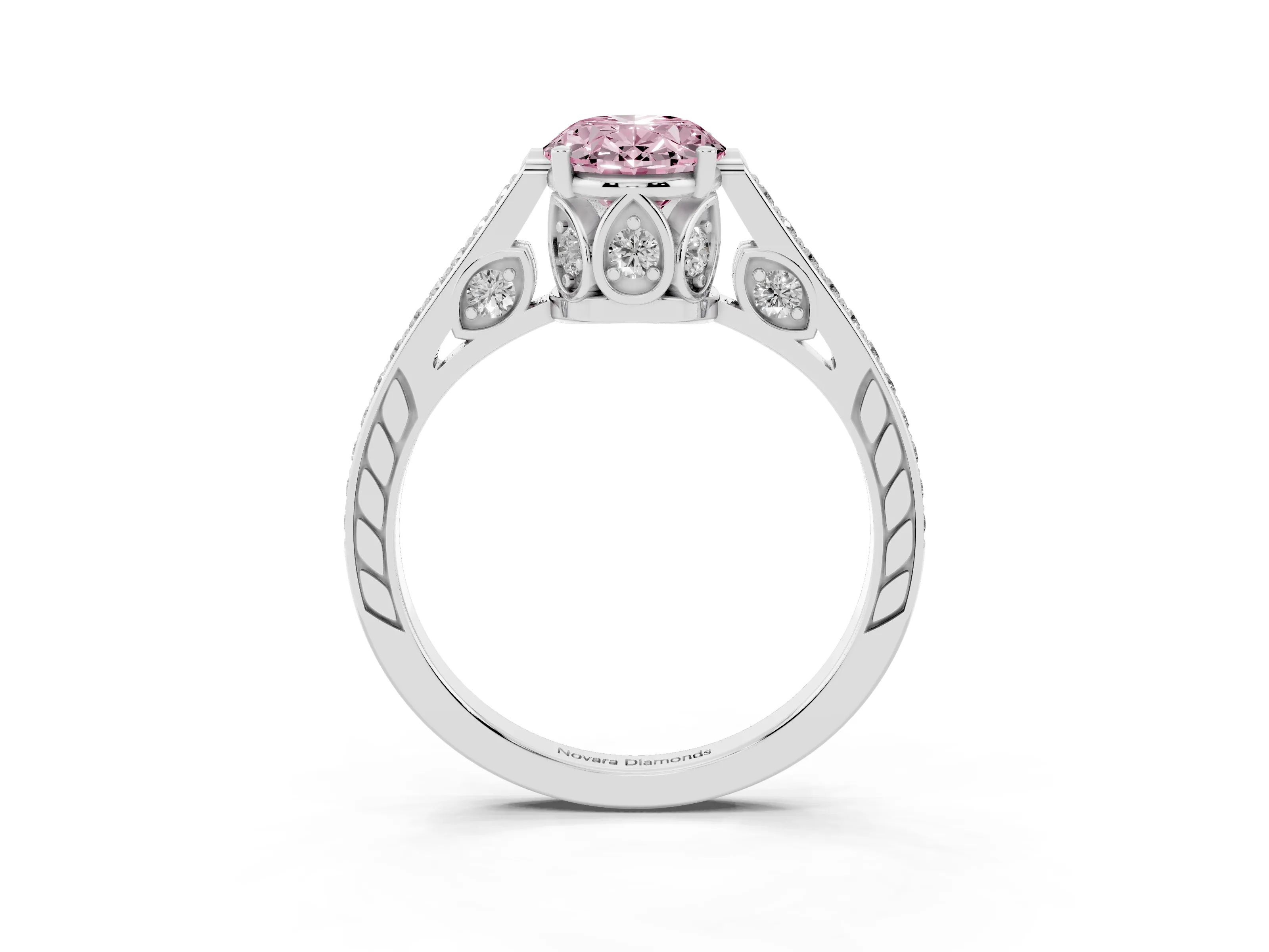 Fancy Pink Oval Cut Diamond Cathedral Pavé Engagement Ring Set in Silver with Prong Setting