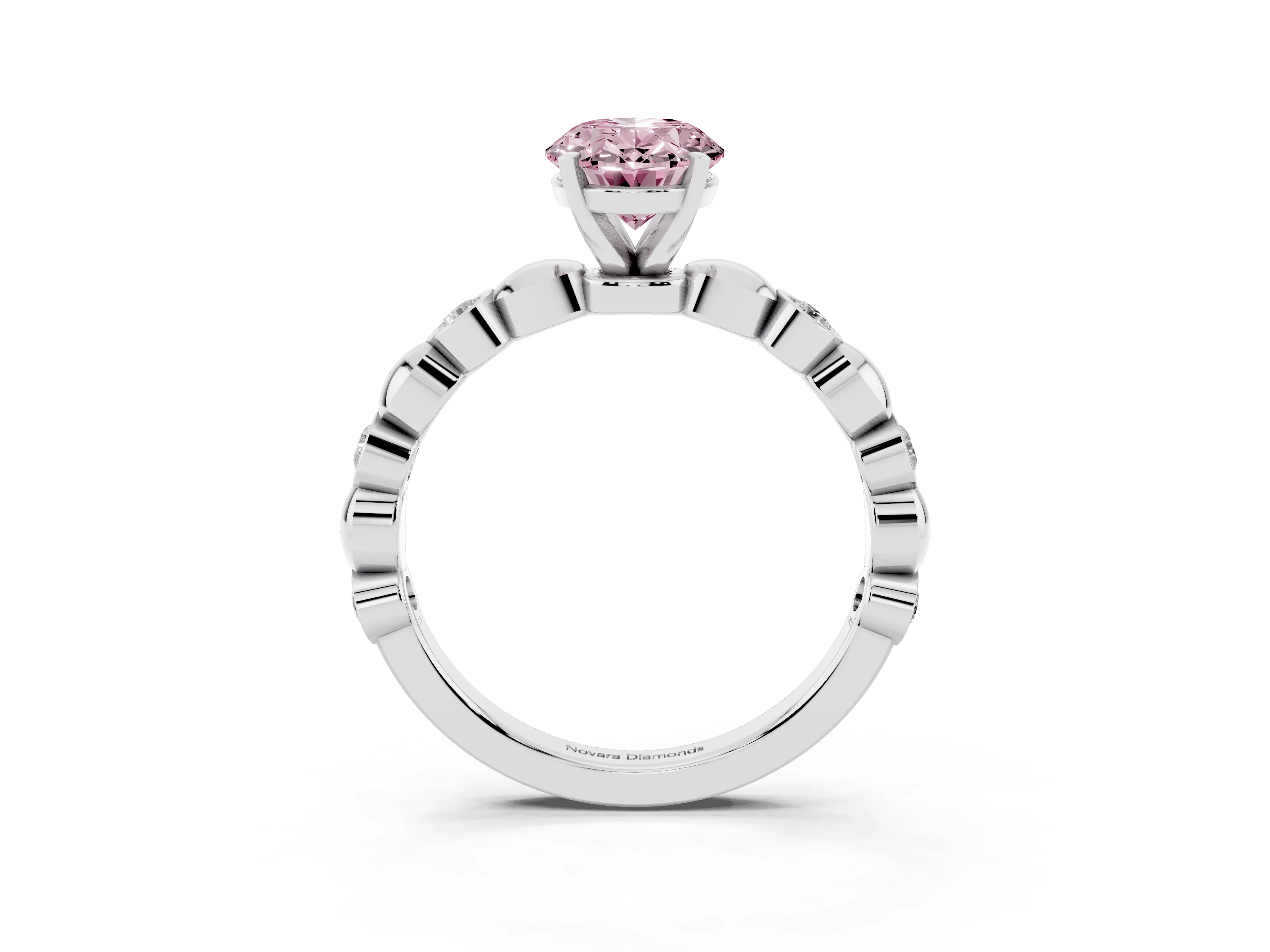Fancy Pink Oval Cut Diamond Solitaire Ring Set in White gold with Bezel-Set Accents on Beaded Band and Prong Setting