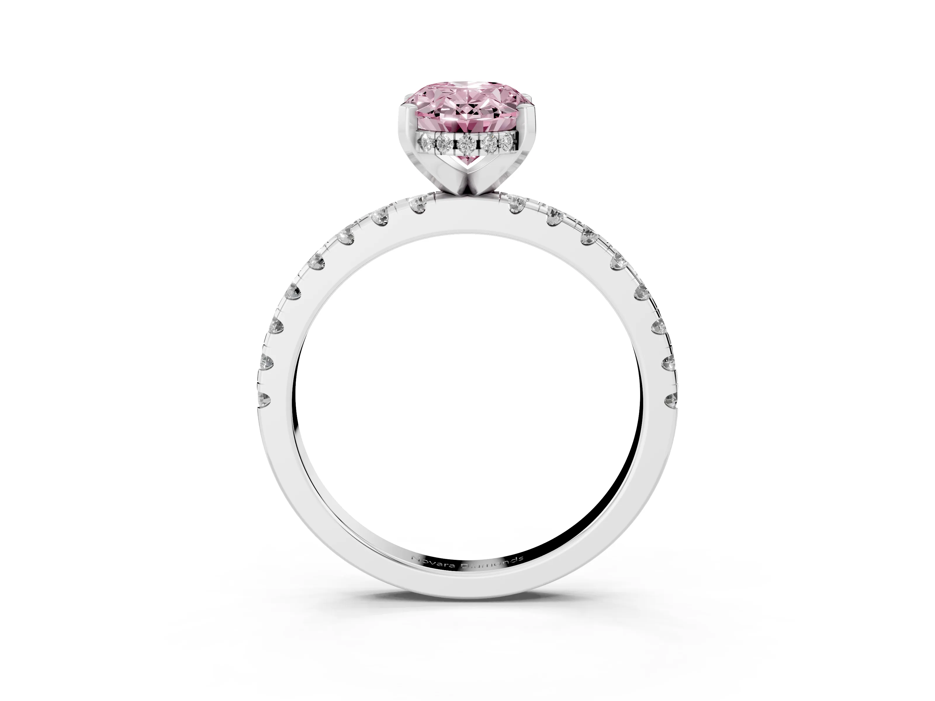 Fancy Pink Oval Cut Diamond Pavé Solitaire Ring Set in Platinum with Round Band Accents and Prong Setting
