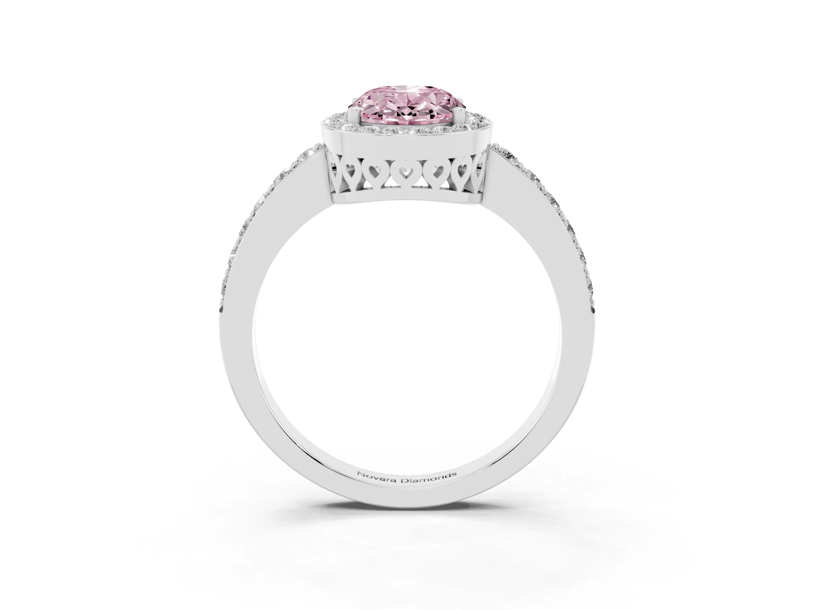 Fancy Pink Oval Cut Diamond Halo Ring Set in White gold with Pavé-Setting Band and Open Prong Center