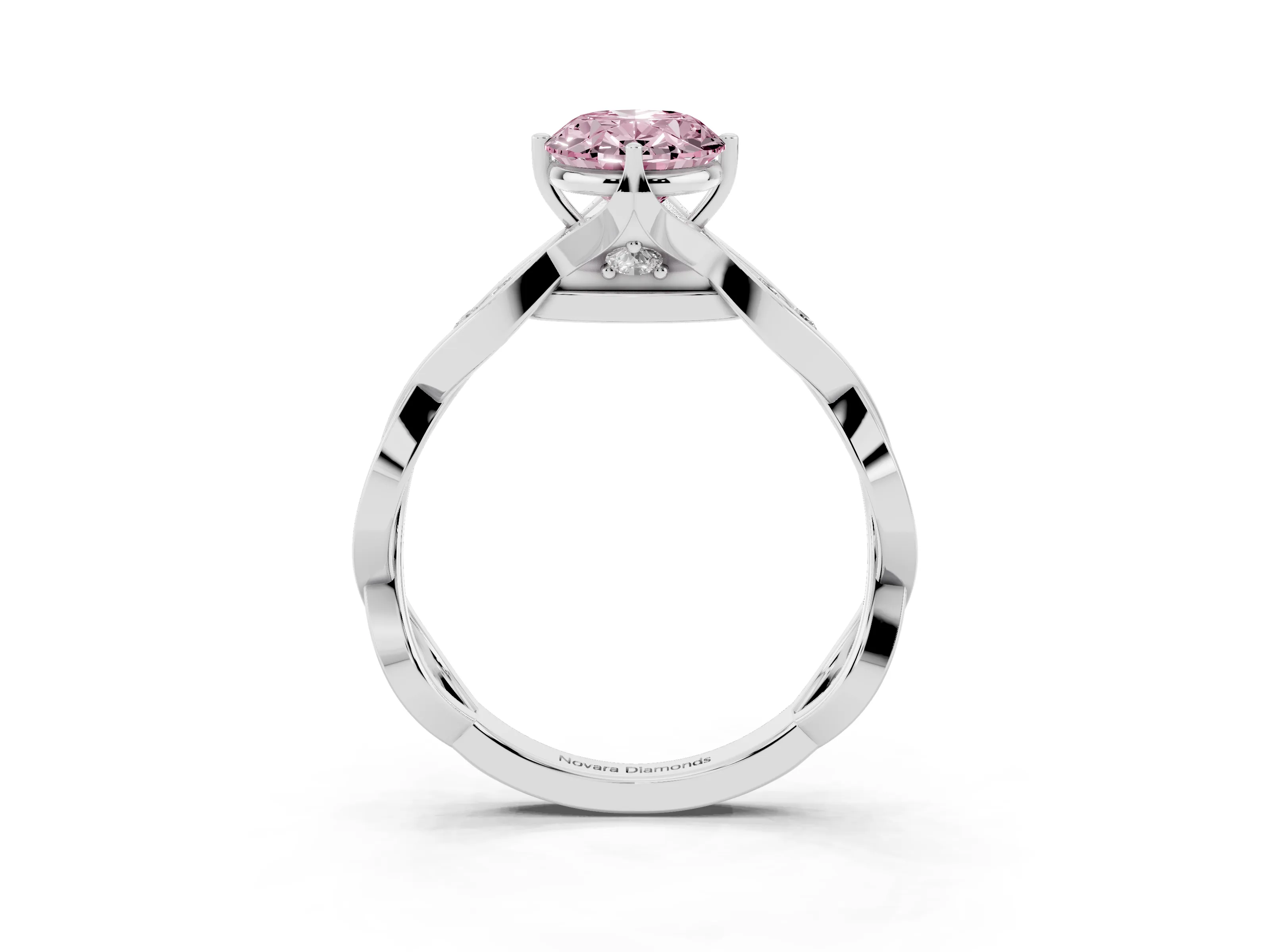 Fancy Pink Oval Cut Diamond Twist Band Solitaire Ring Set in Platinum with Leaf Prong Setting and Accent Stones
