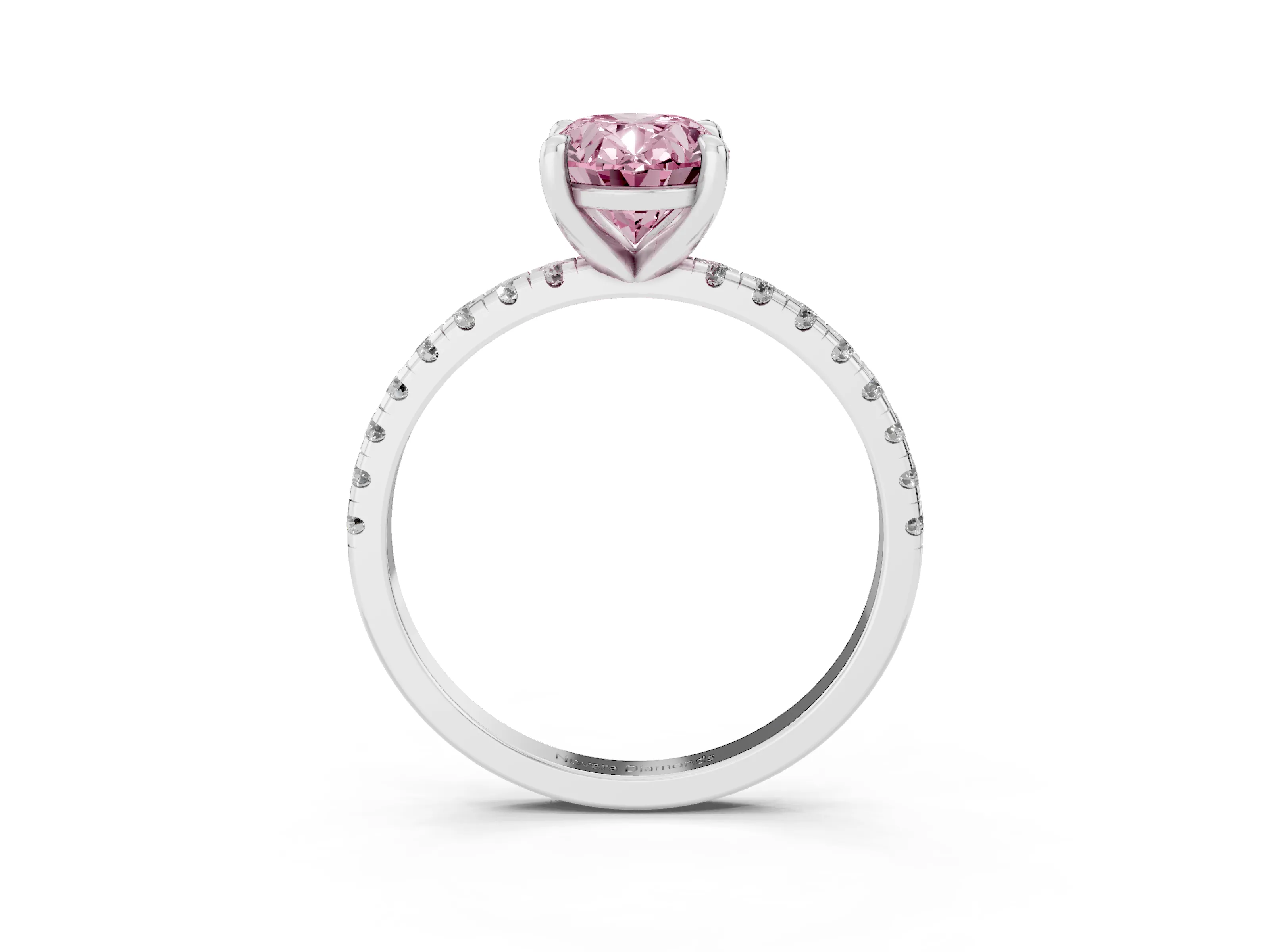 Fancy Pink Oval Cut Diamond Brilliant Solitaire Ring Set in White gold with Pavé Band and Prong Setting
