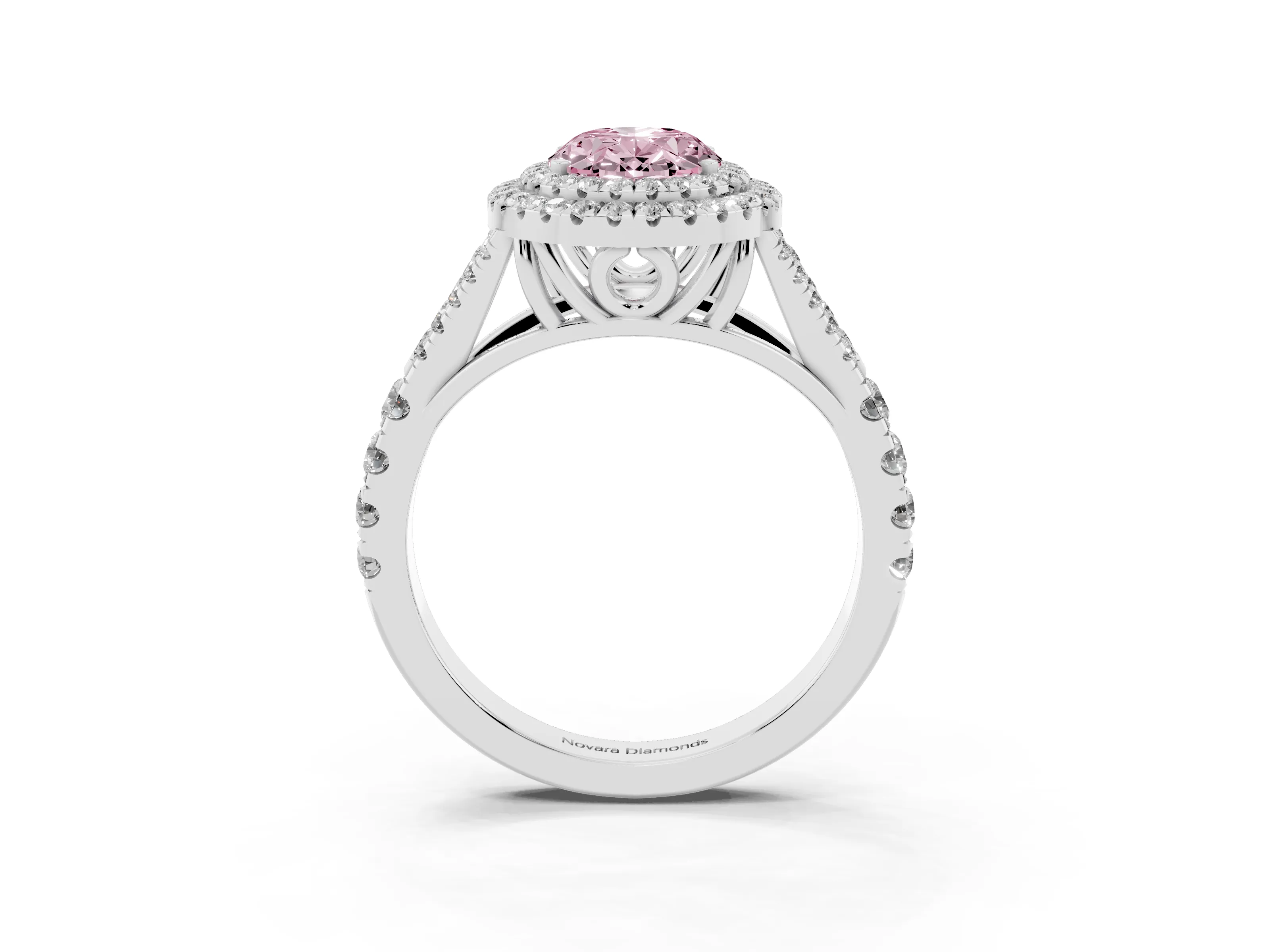 Fancy Pink Oval Cut Diamond Pavé Split Shank Double Halo Engagement Ring Set in Silver