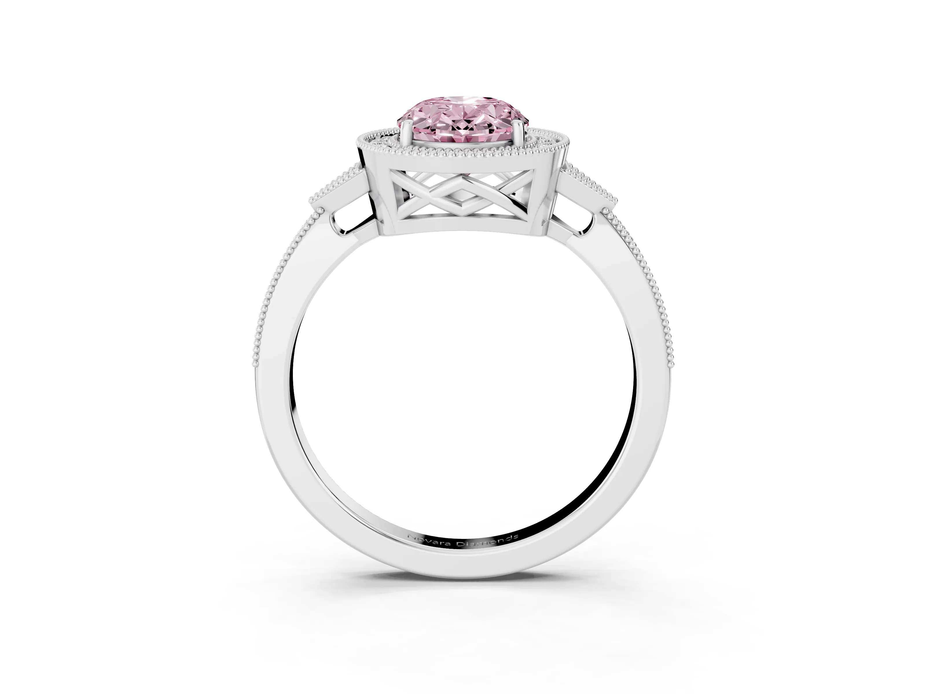 Fancy Pink Oval Cut Diamond Halo Engagement Ring Set in Silver with Milgrain Pavé Band