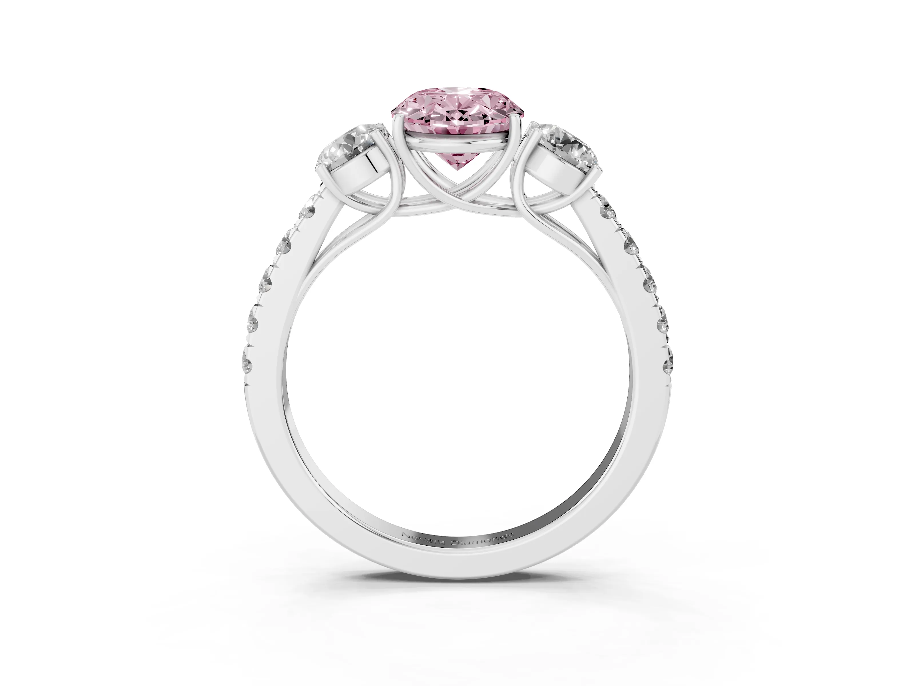 Fancy Pink Oval Cut Diamond Three-Stone Ring Set in Platinum with Round Side Stones and Delicate Pavé Band