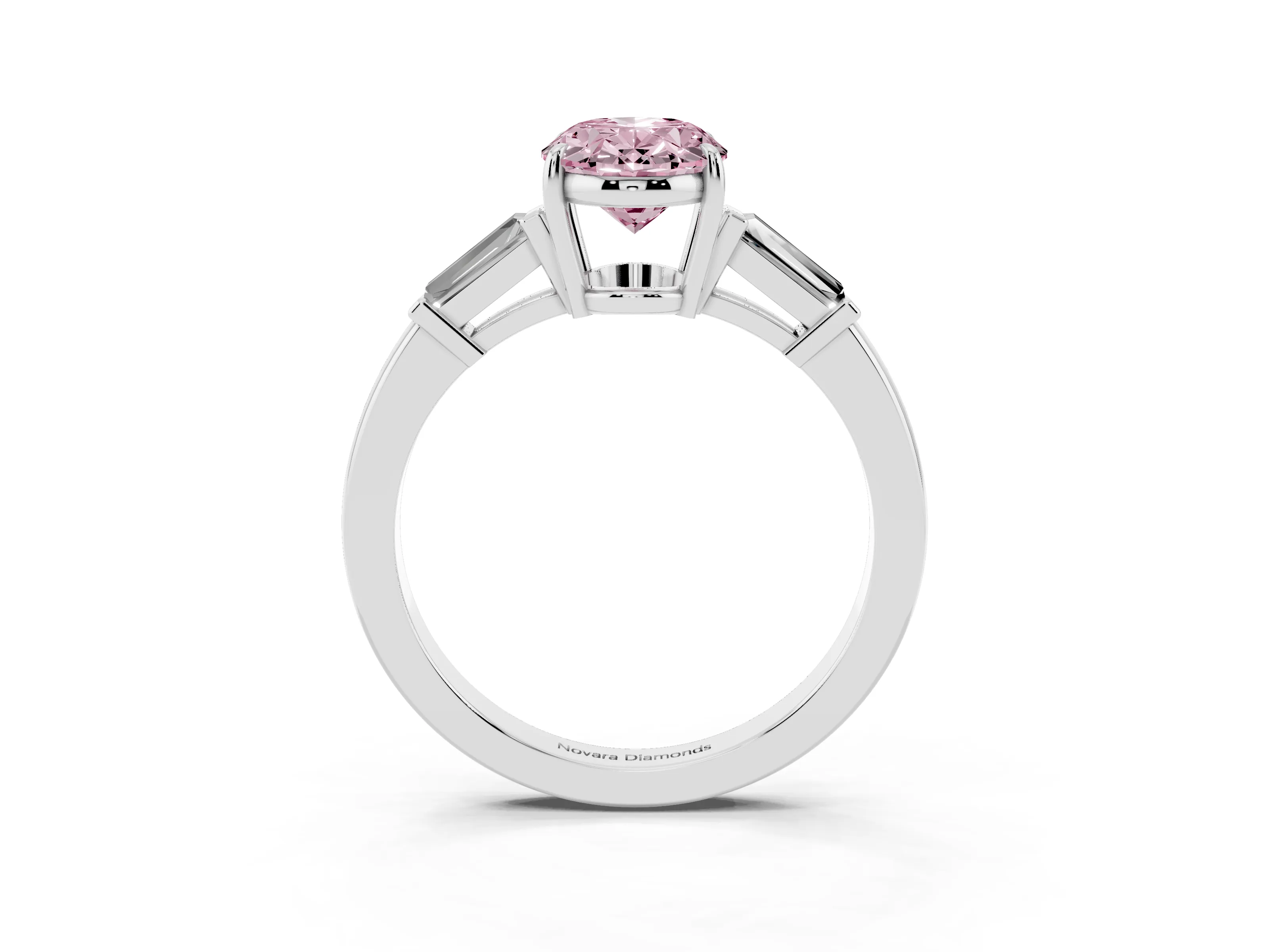 Fancy Pink Oval Cut Diamond Three-Stone Ring Set in White gold with Tapered Baguette Side Stones and Prong Setting