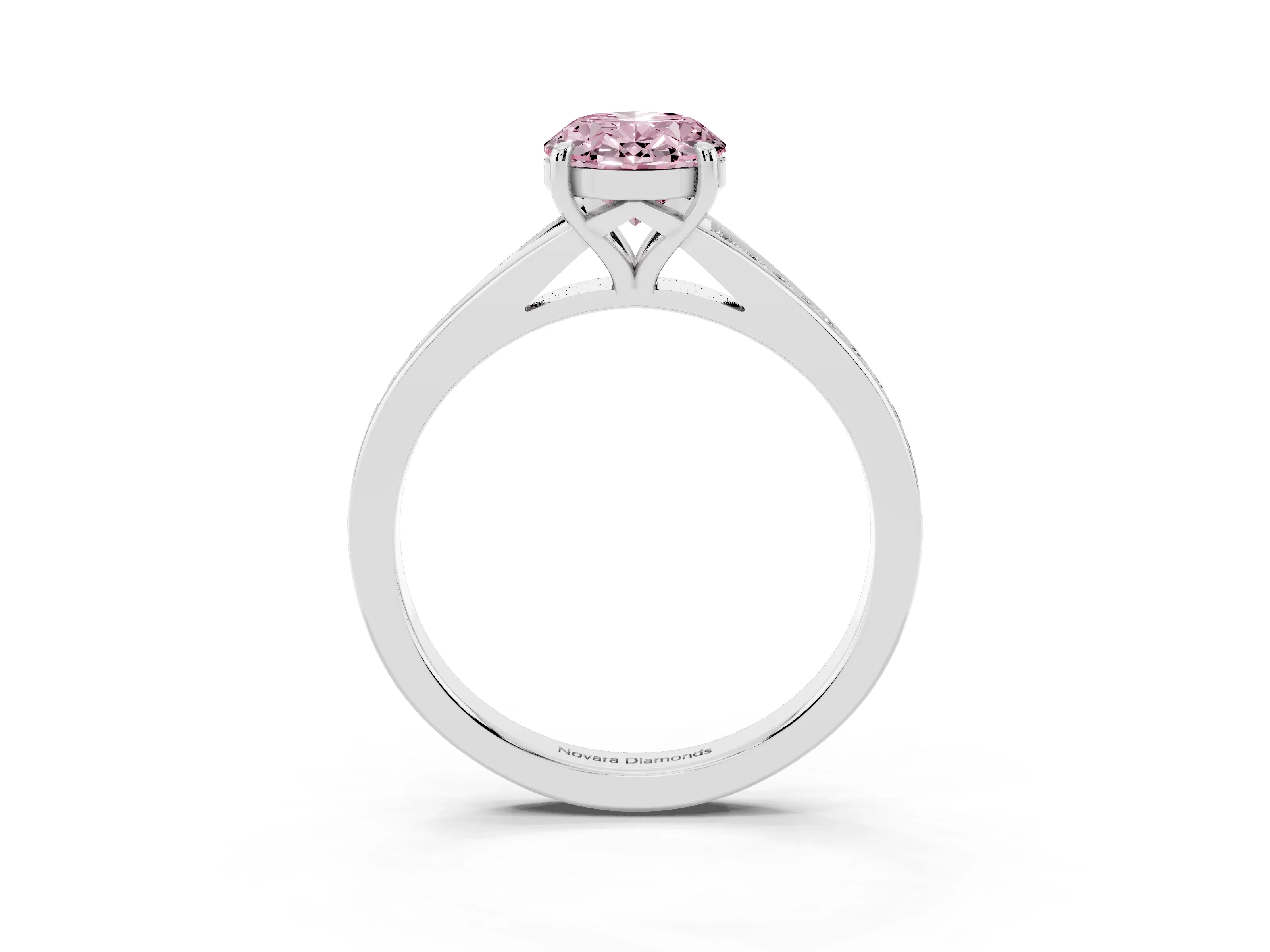 Fancy Pink Oval Cut Diamond Solitaire Ring Set in Platinum with Pavé Accent Band and Classic Prong Setting