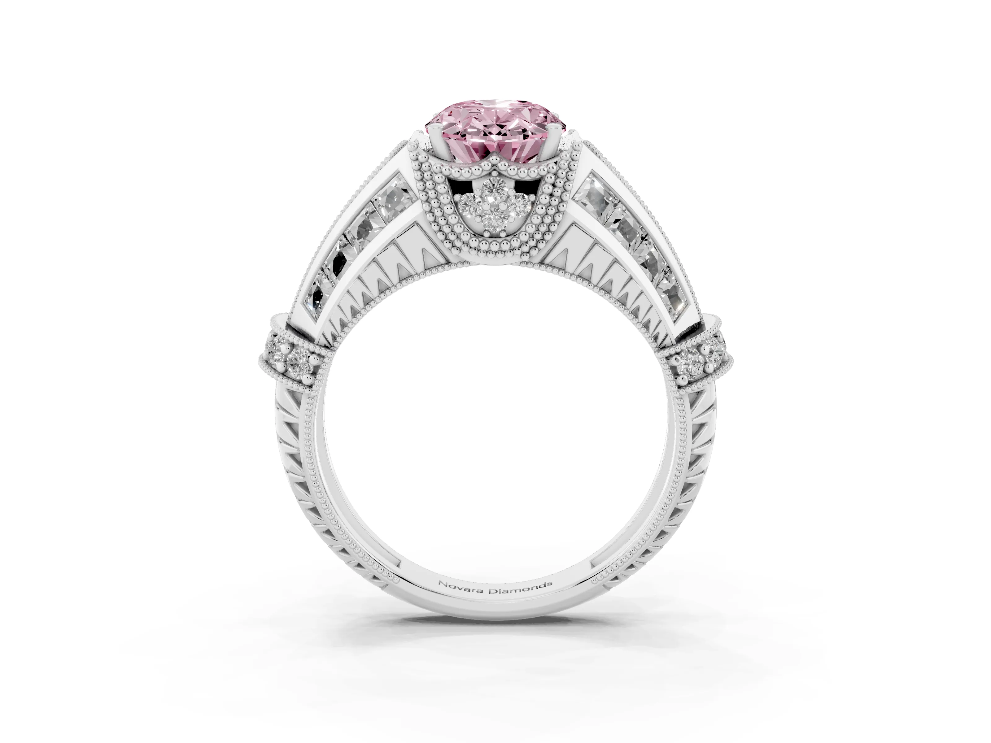 Fancy Pink Oval Cut Diamond Vintage-Inspired Milgrain Ring Set in Silver with Accent Split Shank