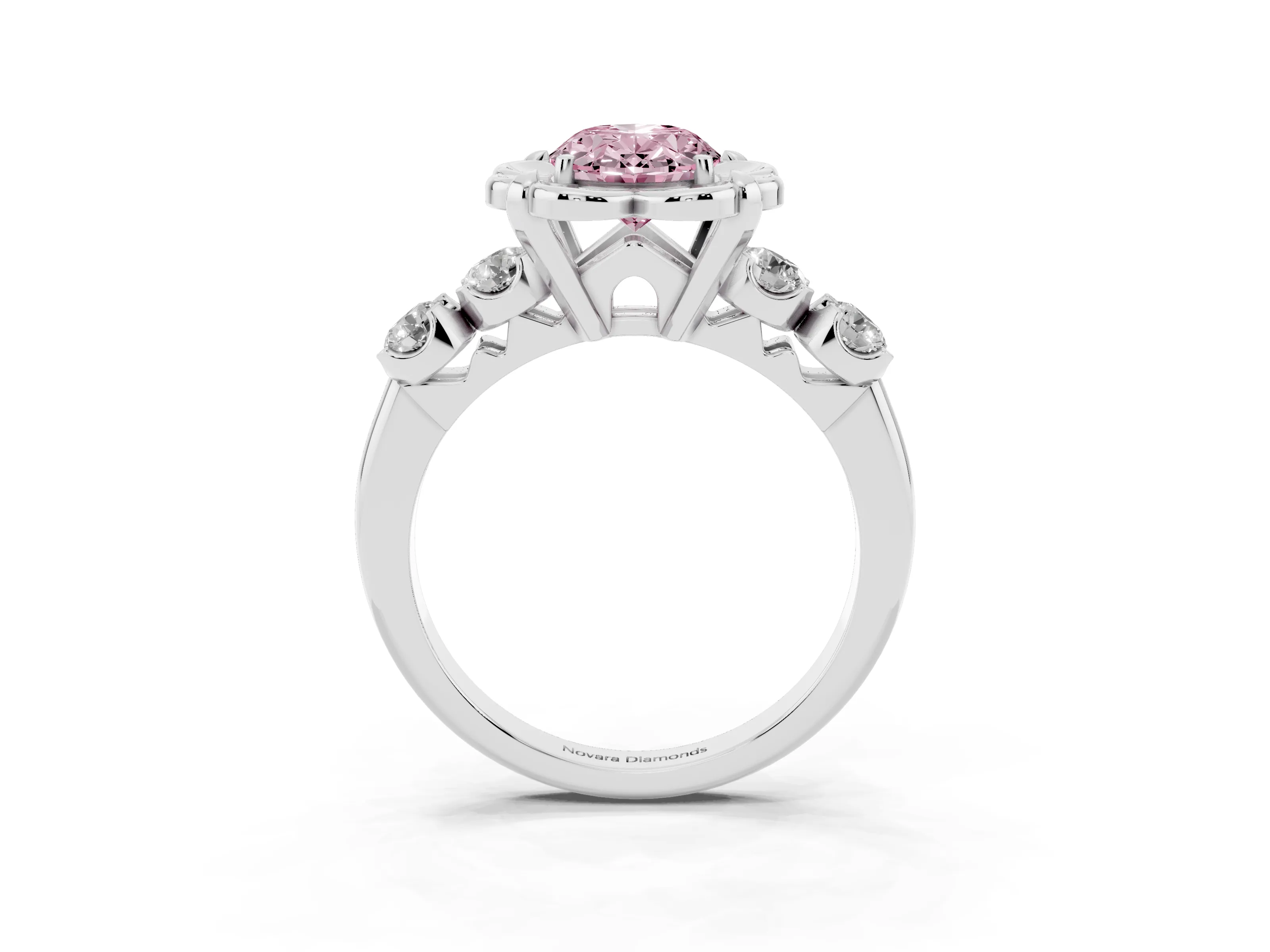 Fancy Pink Oval Cut Diamond Floral Halo Ring Set in Platinum with Shared Prong Band