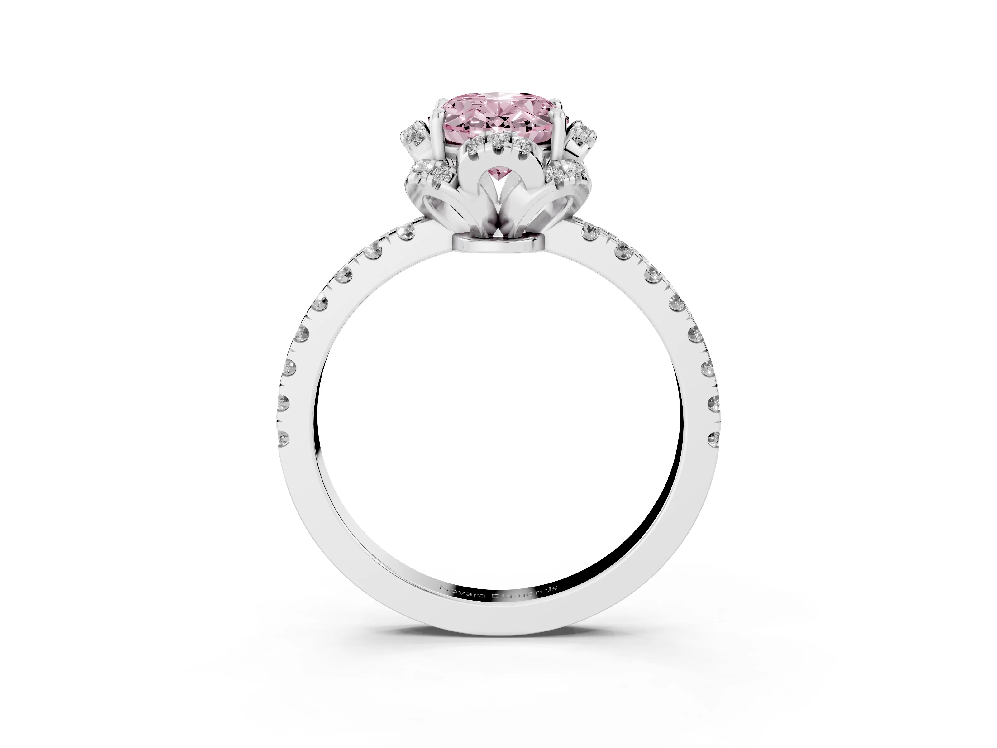 Fancy Pink Oval Cut Diamond Halo Pavé Band Ring Set in Platinum with Prong-Held Center
