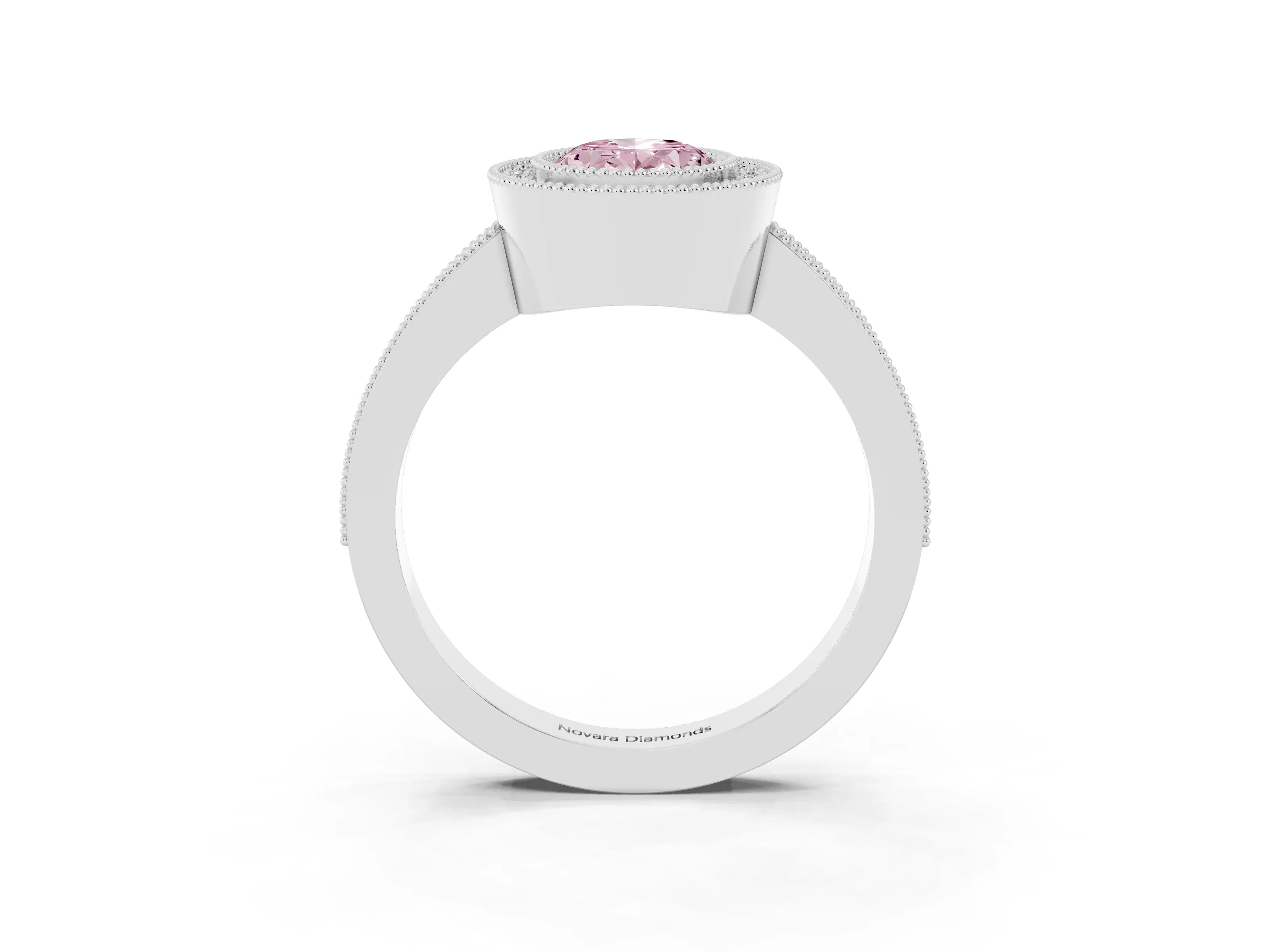 Fancy Pink Oval Cut Diamond Halo Engagement Ring Set in White gold with Pavé Band and Round Halo Stones