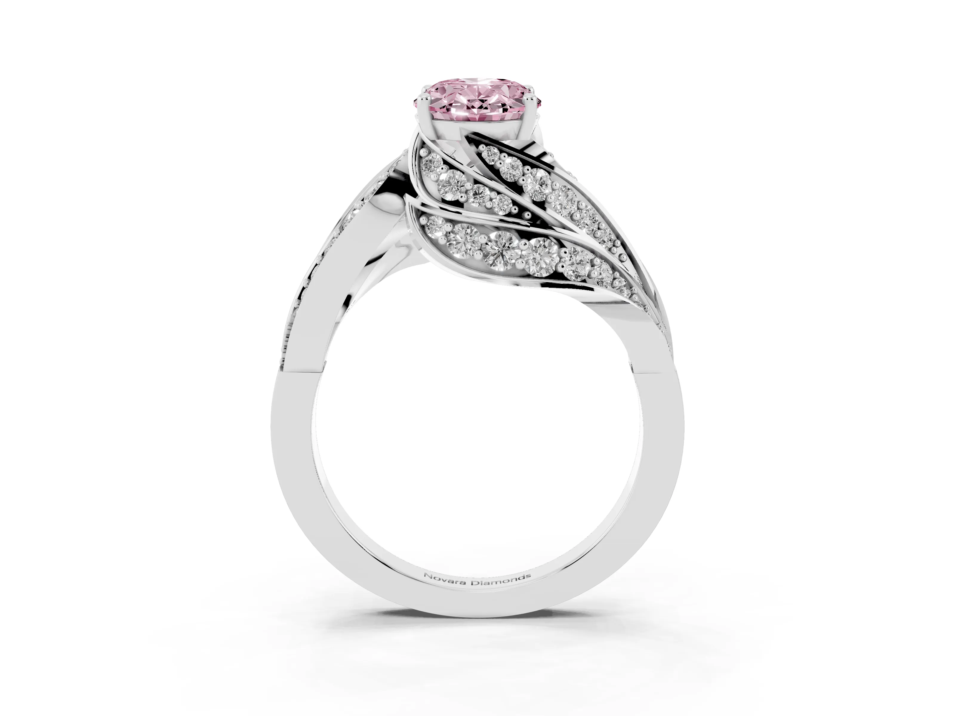 Fancy Pink Oval Cut Diamond Solitaire Ring Set in Platinum with Layered Twist Pavé Band