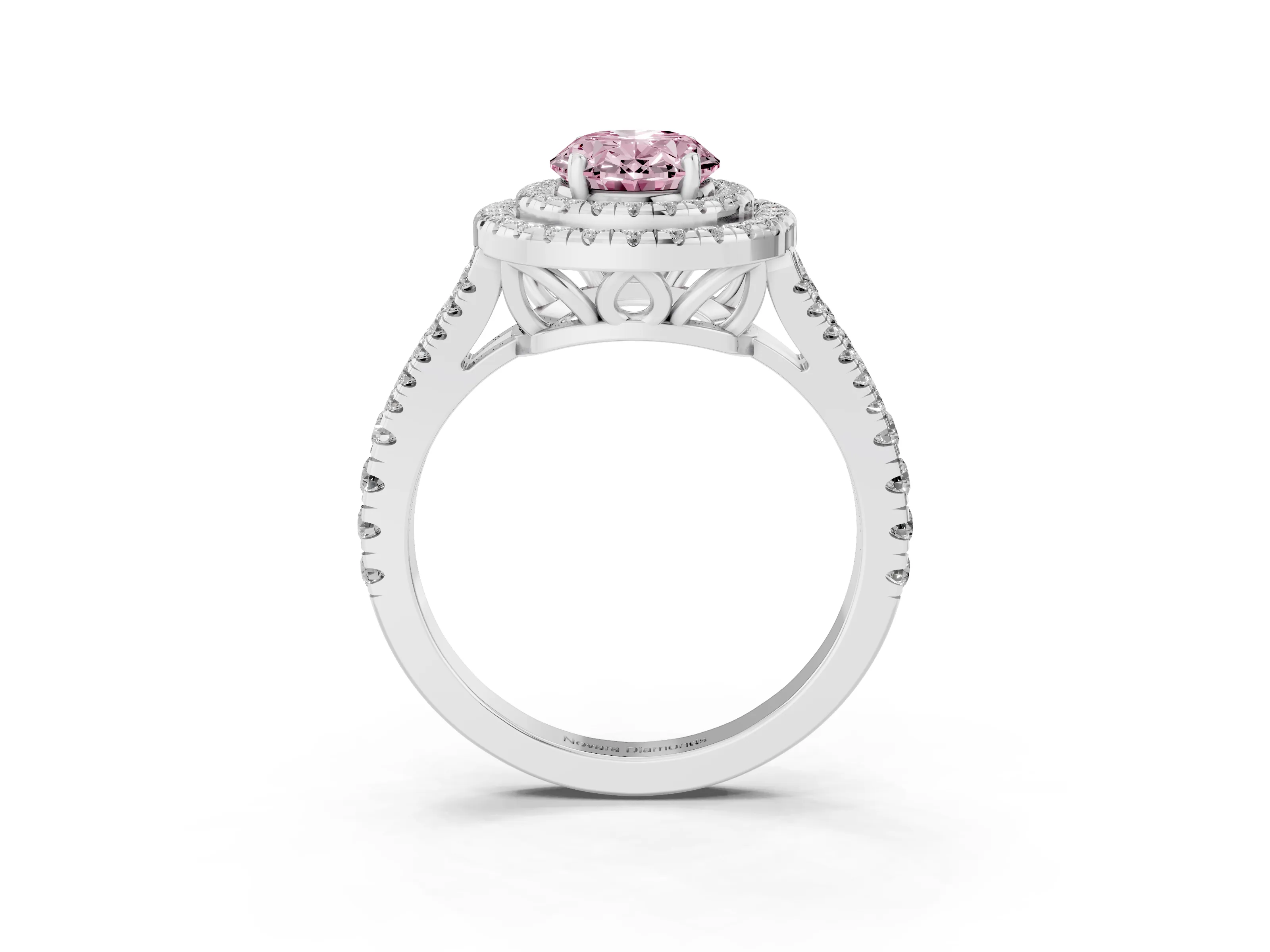 Fancy Pink Oval Cut Diamond Double Halo Ring Set in Platinum with Pavé Band
