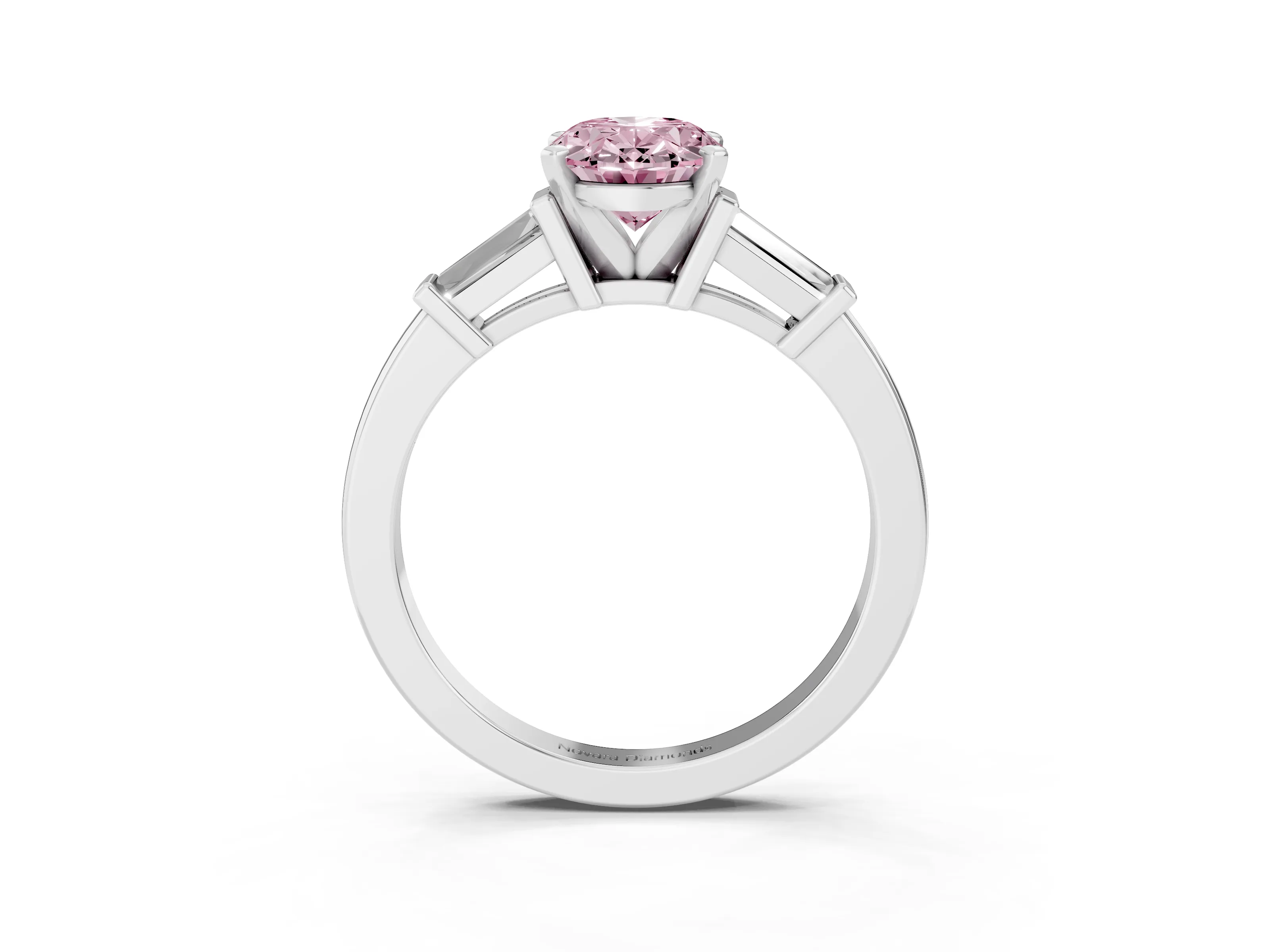 Fancy Pink Oval Cut Diamond Solitaire Ring Set in Silver with Tapered Baguette Accents and Prong Setting