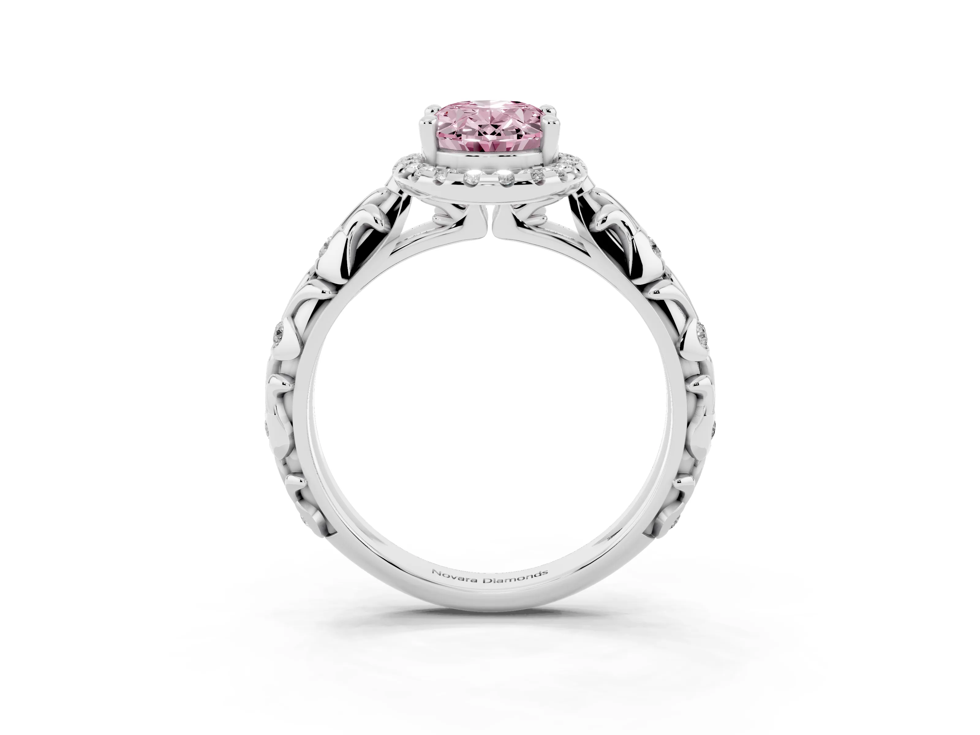 Fancy Pink Oval Cut Diamond Halo Ring Set in White gold with Filigree Leaf Band and Prong Setting