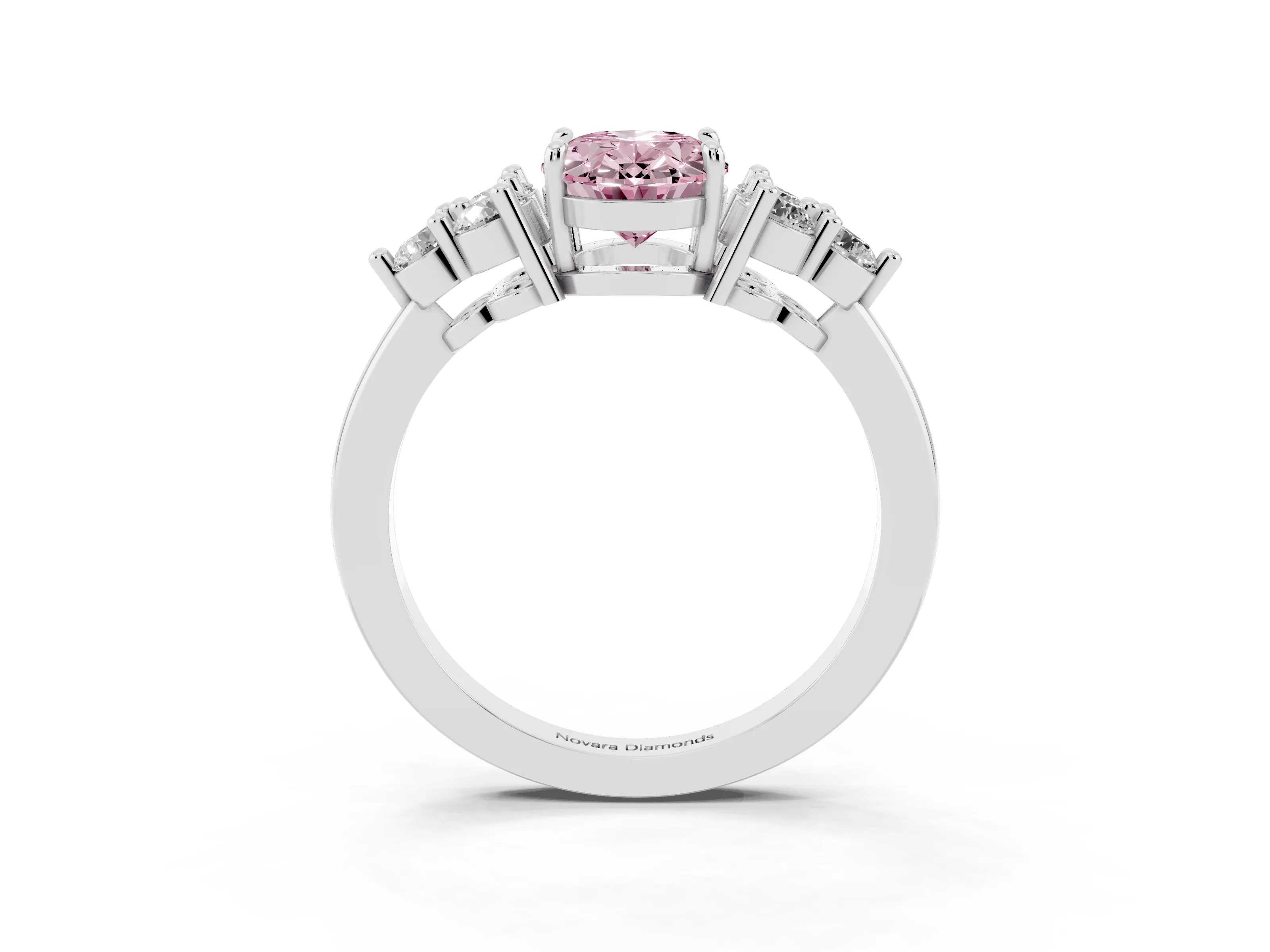 Fancy Pink Oval Cut Diamond Solitaire Ring Set in Silver with Cluster Accents on Each Side