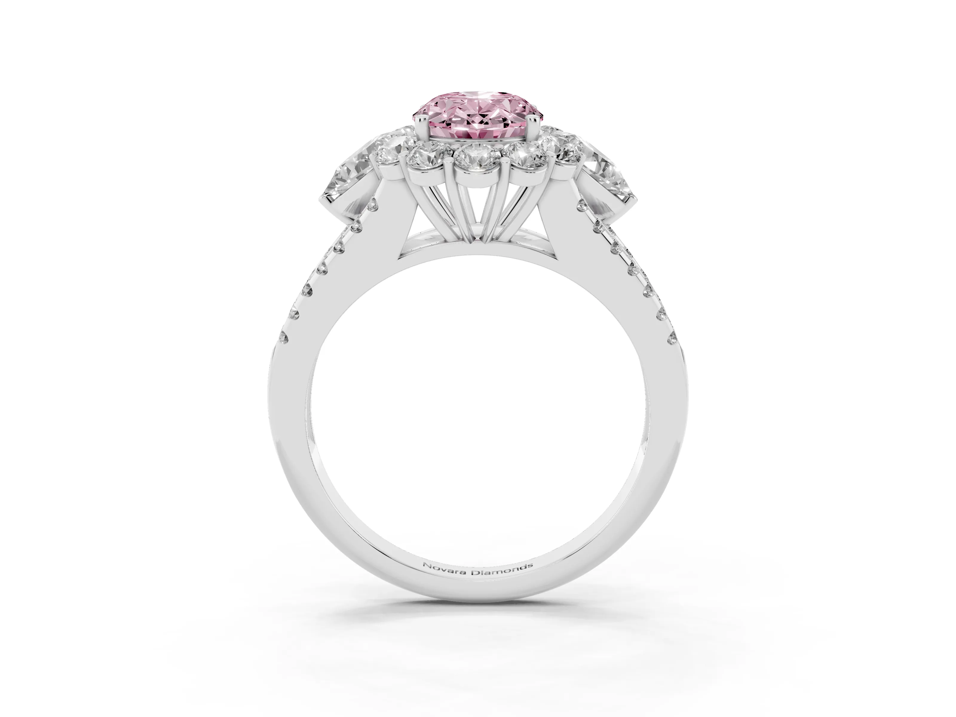 Fancy Pink Oval Cut Diamond Halo Split Shank Engagement Ring Set in Silver with Prong-Held Center Stone