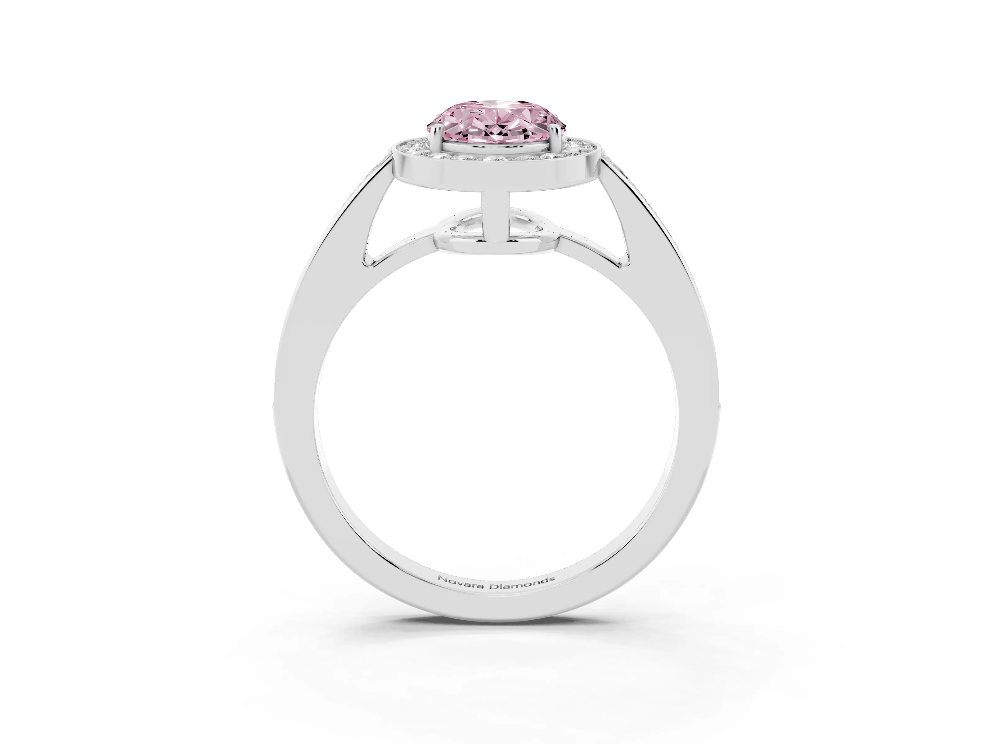 Fancy Pink Oval Cut Diamond Halo Pavé Engagement Ring Set in Platinum with Bezel Setting