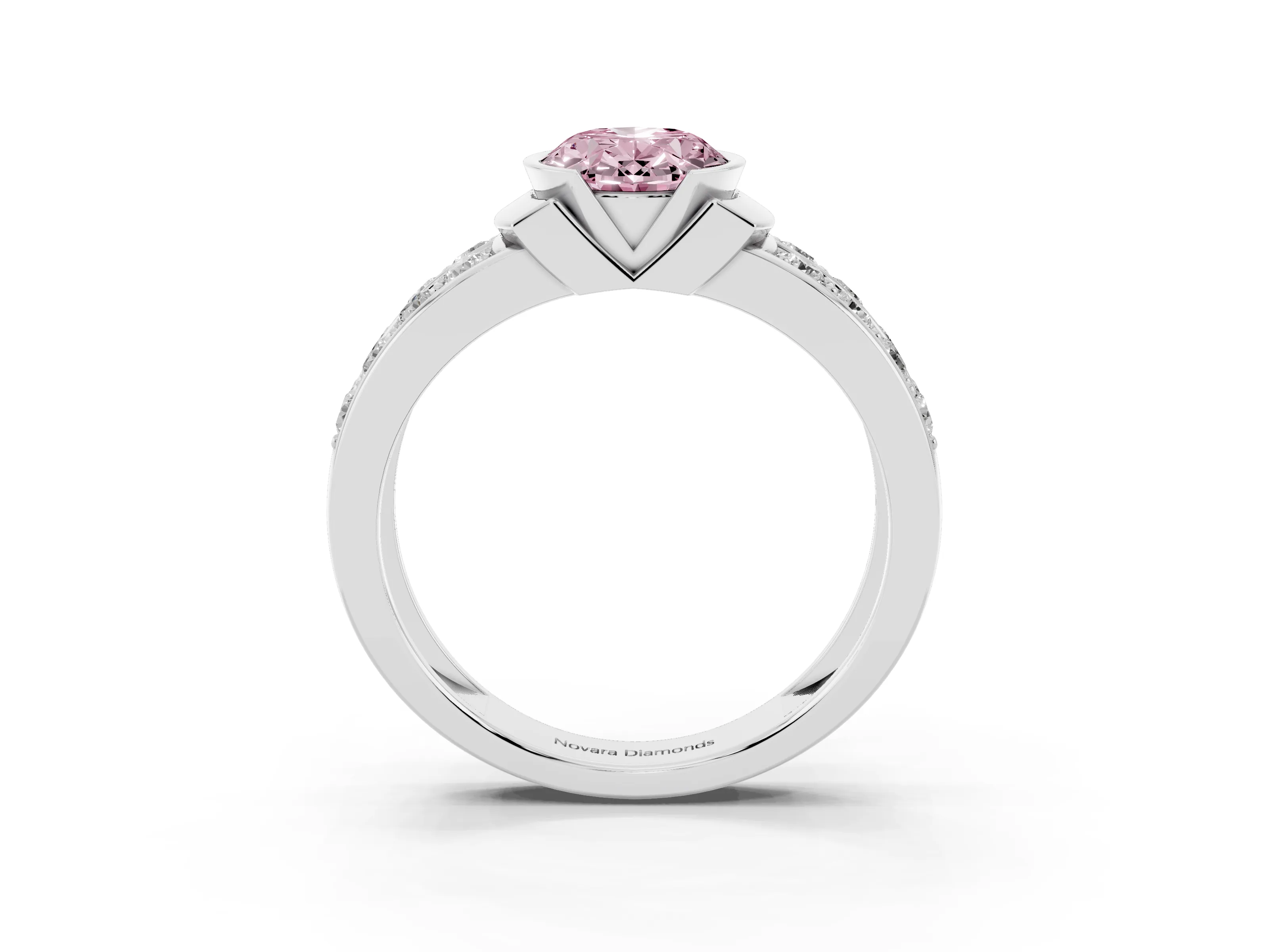 Fancy Pink Oval Cut Diamond Wide Channel Set Band Ring Set in Platinum with Bezel Setting
