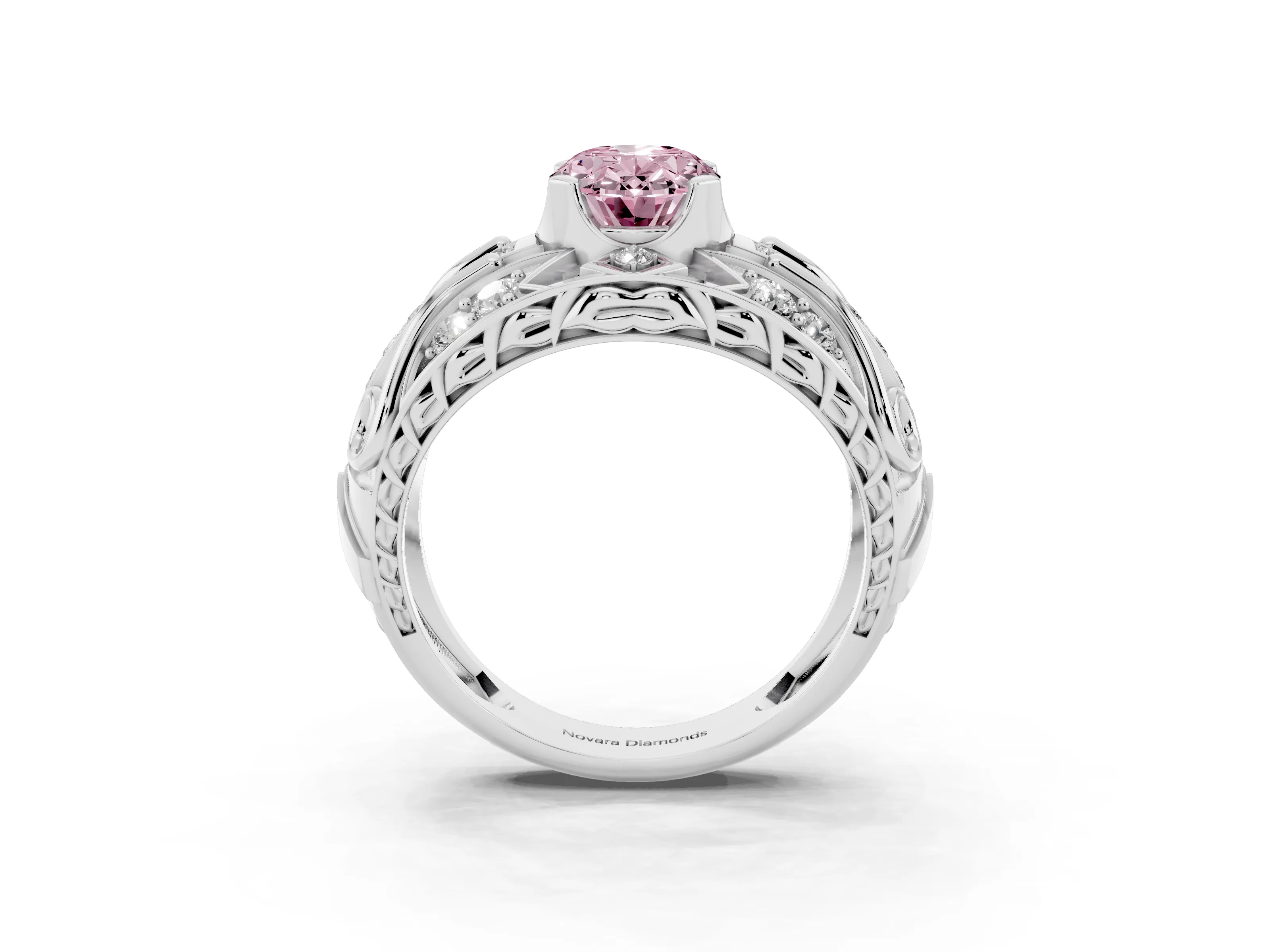 Fancy Pink Oval Cut Diamond Art Deco Ring Set in Silver with Pavé Split Shank