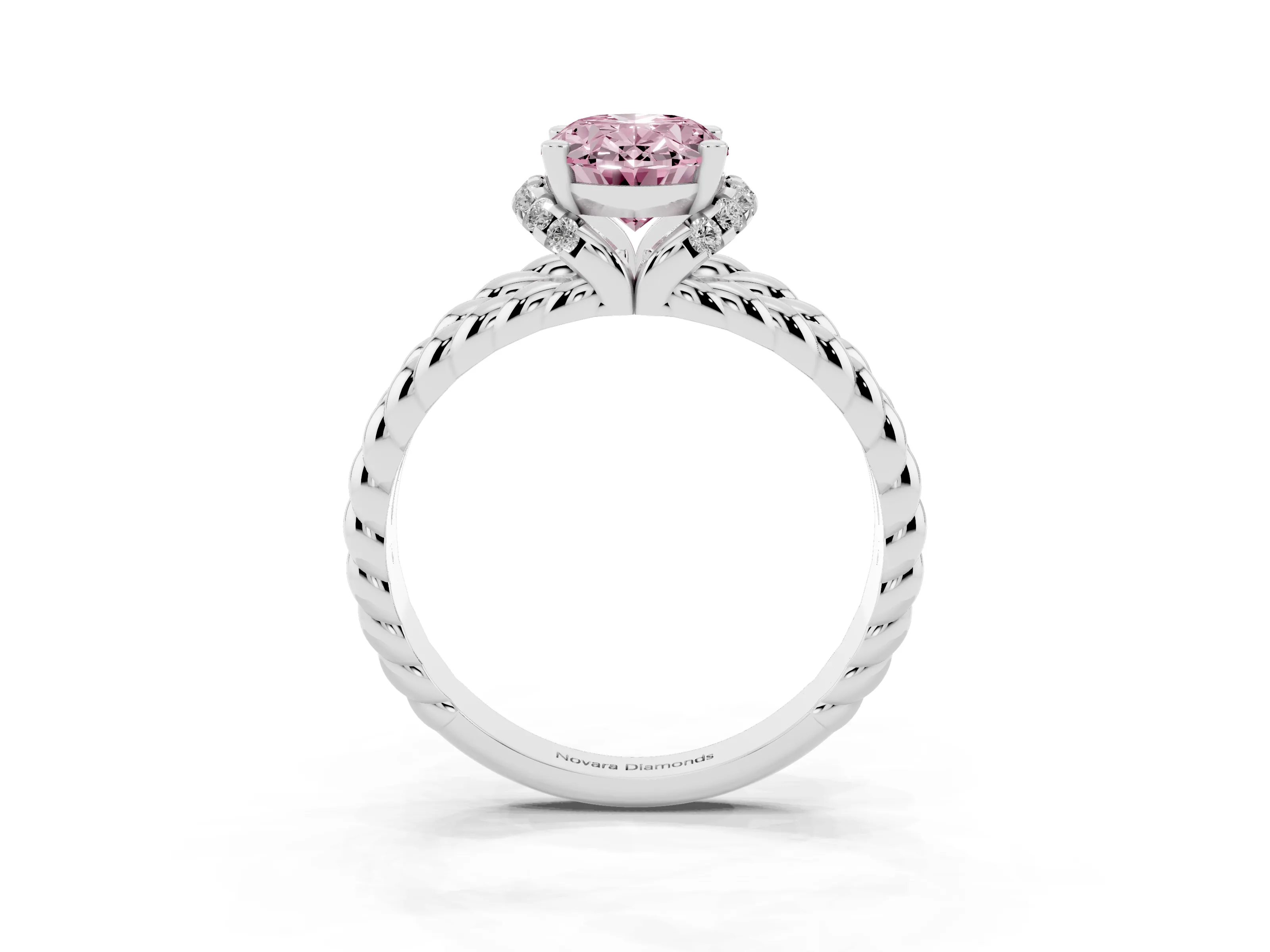 Fancy Pink Oval Cut Diamond Halo Ring Set in Silver with Twisted Band and Prong Setting