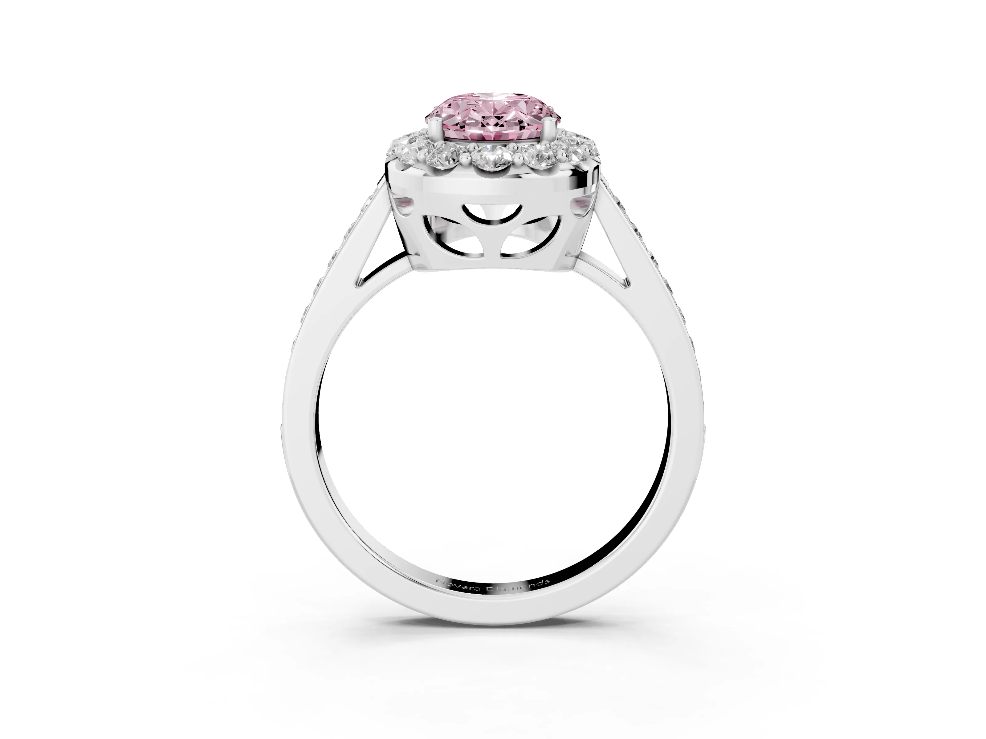 Fancy Pink Oval Cut Diamond Floral Halo Ring Set in White gold with Pavé Band and Prong Setting