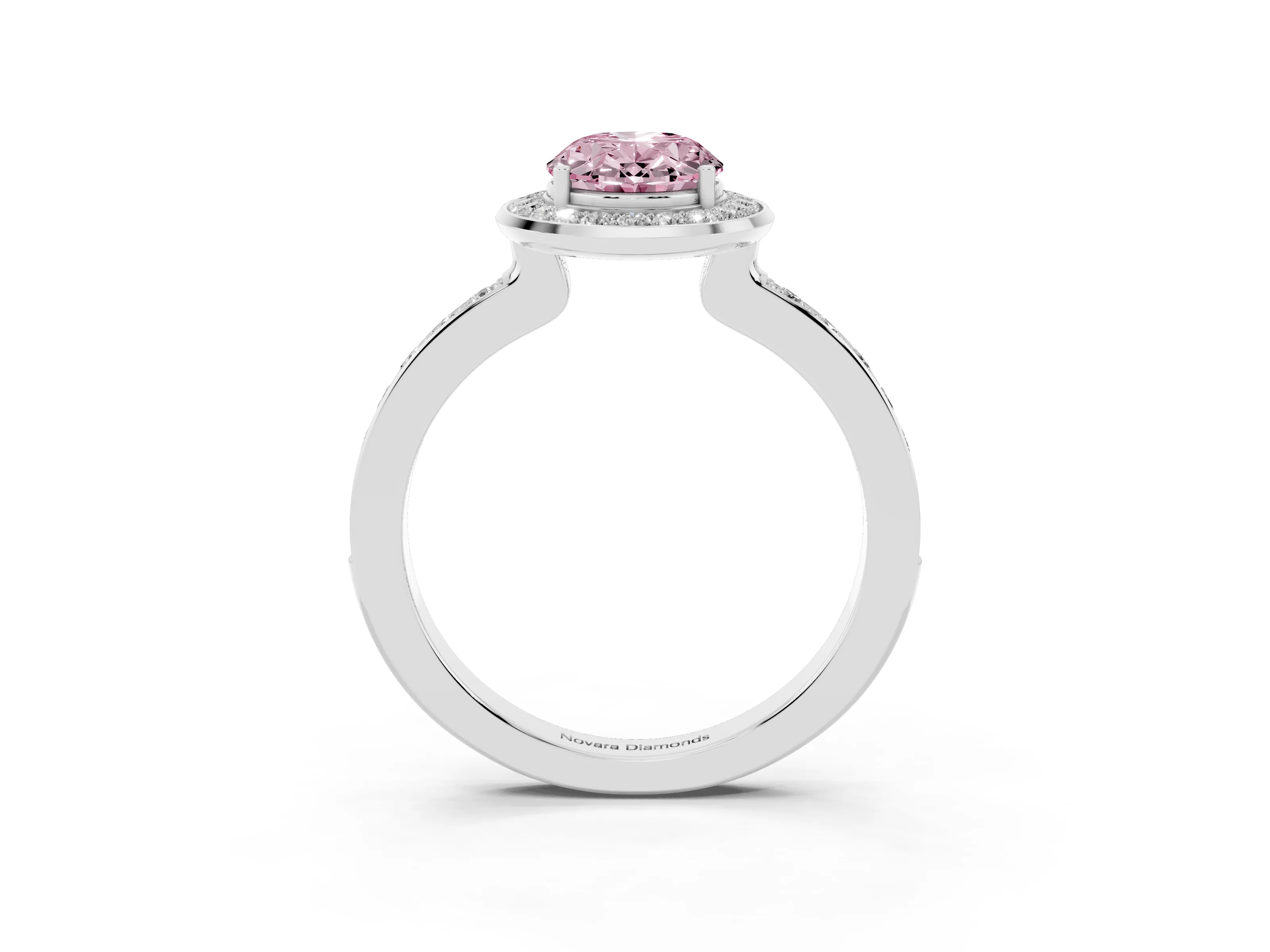Fancy Pink Oval Cut Diamond Halo Ring Set in White gold with Bezel Frame and Pavé Band