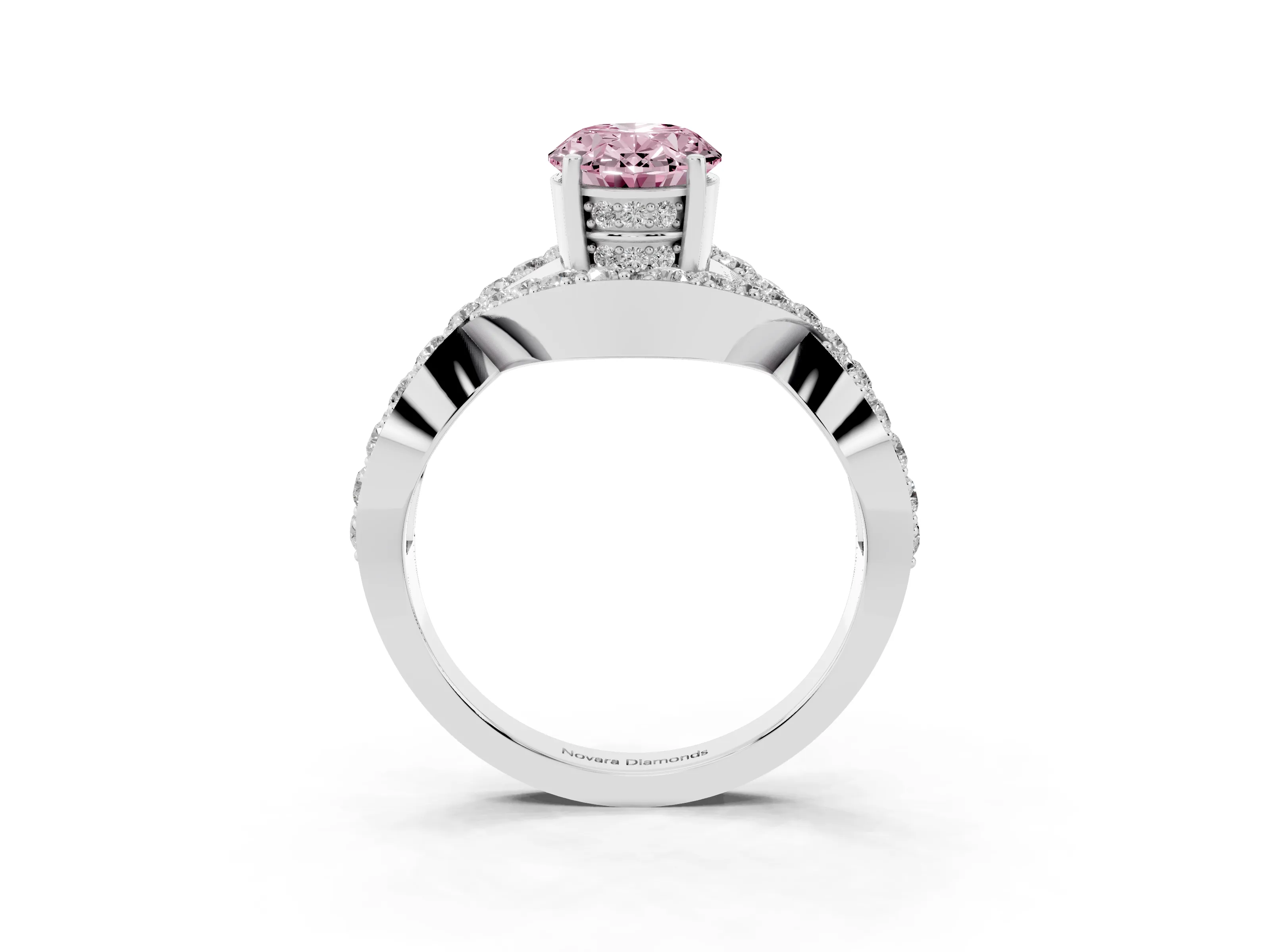 Fancy Pink Oval Cut Diamond Solitaire Twist Band Pavé Engagement Ring Set in Platinum