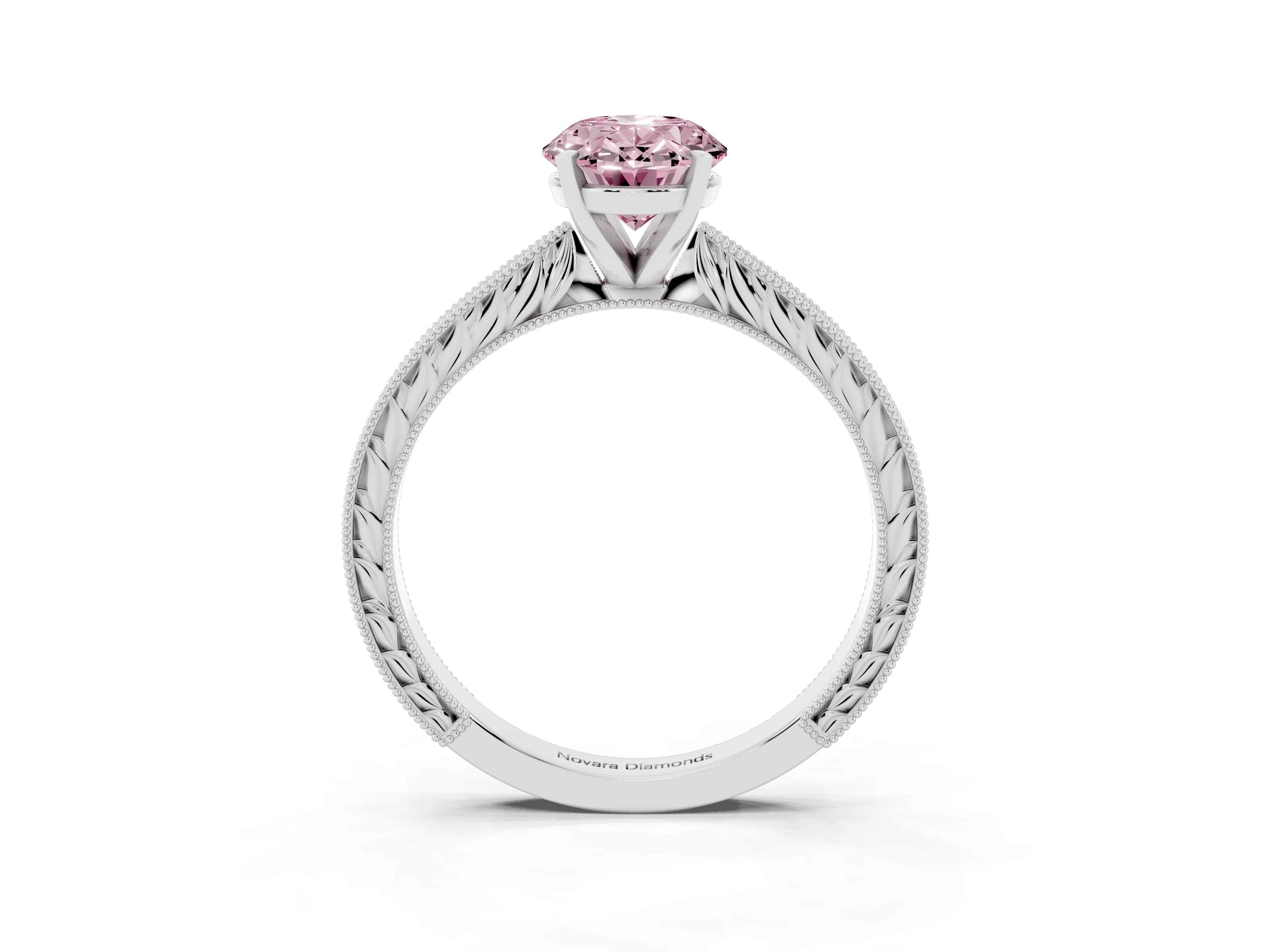 Fancy Pink Oval Cut Diamond Solitaire Milgrain Engraved Band Set in White gold with Prong Setting