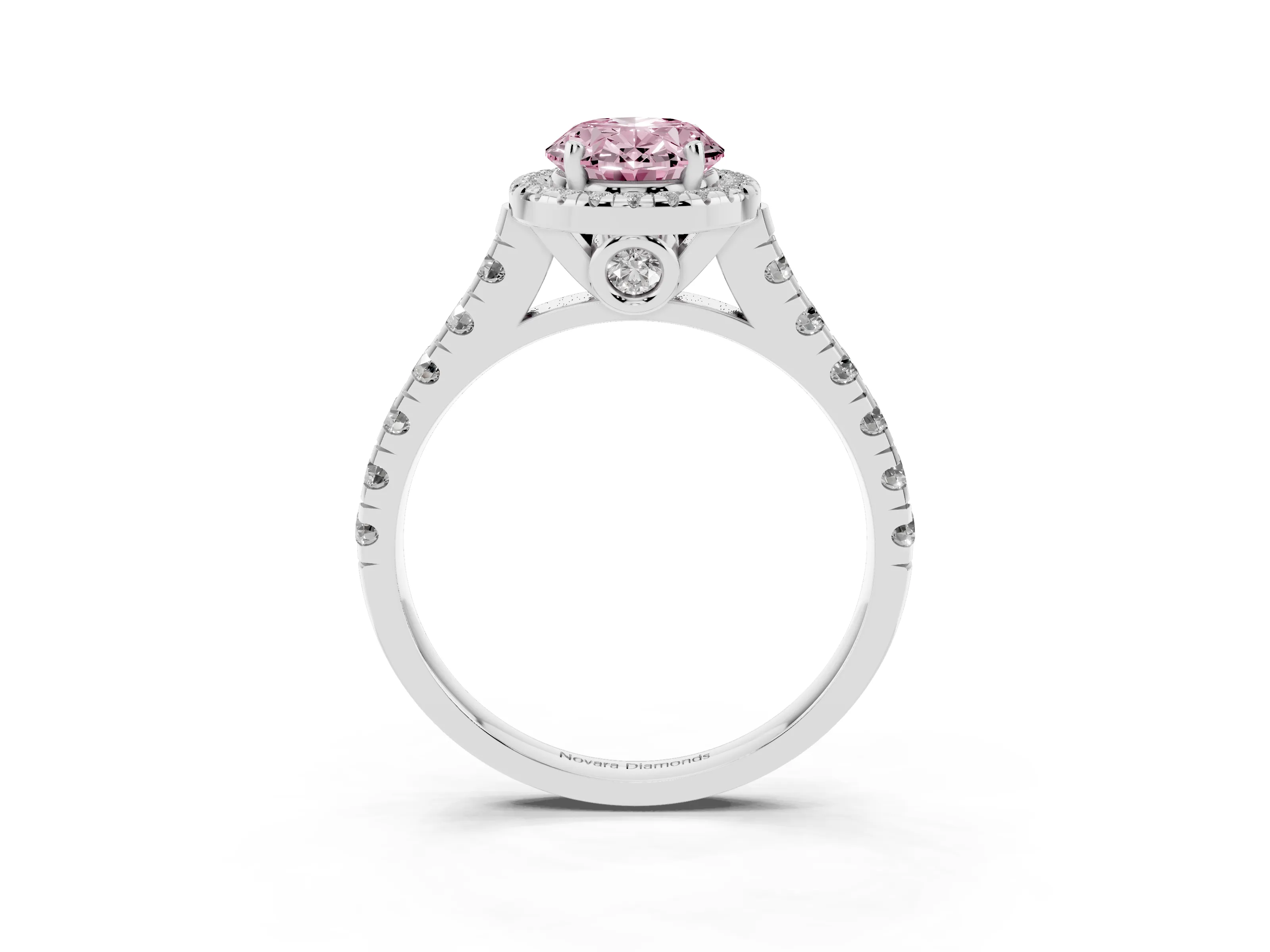 Fancy Pink Oval Cut Diamond Halo Engagement Ring Set in Platinum with Pavé Band and Prong-Set Center