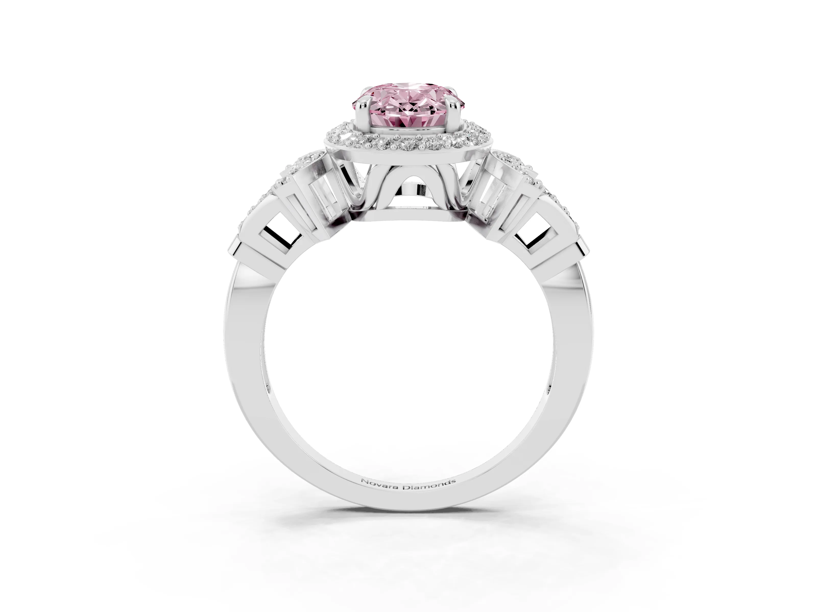 Fancy Pink Oval Cut Diamond Halo Engagement Ring Set in Silver with Accent Stone Split Shank