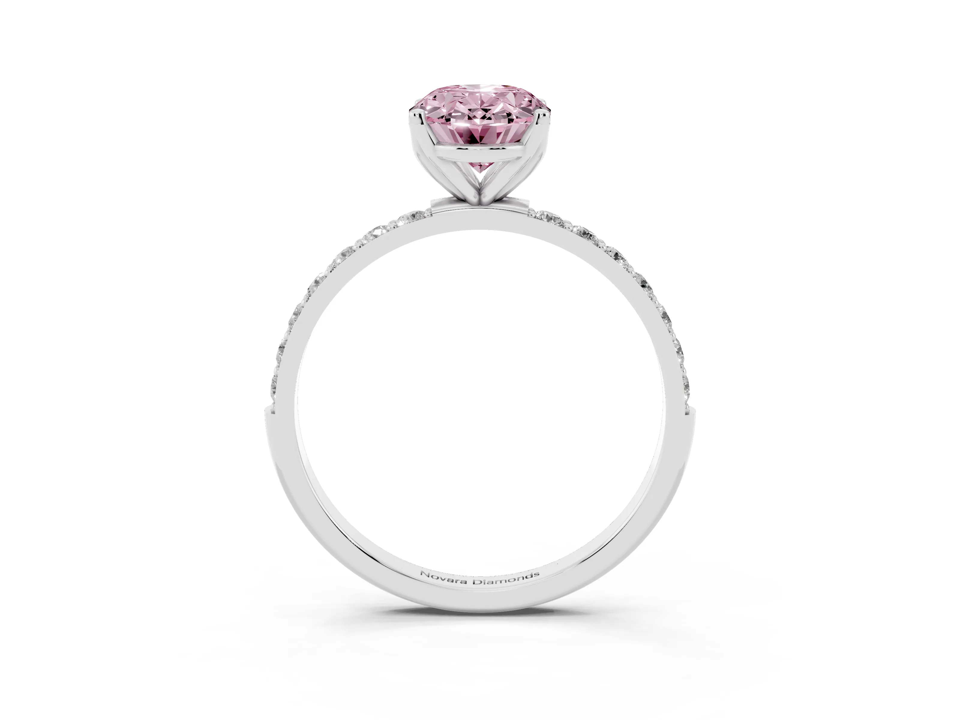 Fancy Pink Oval Cut Diamond Solitaire Engagement Ring Set in Platinum with Round Pavé Band and Prong Setting
