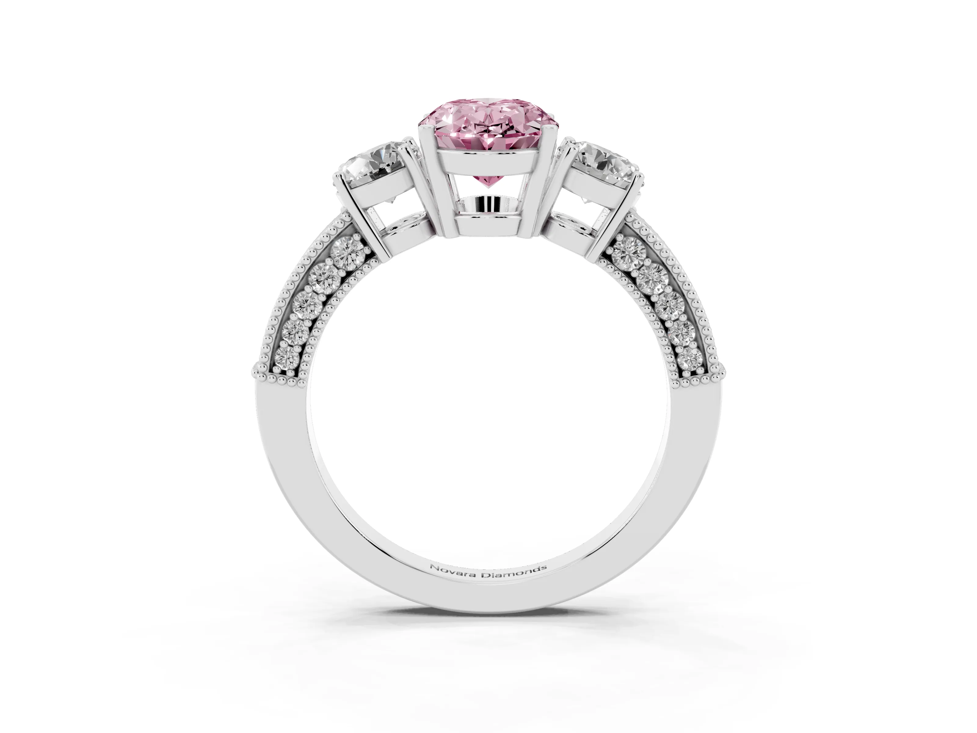 Fancy Pink Oval Cut Diamond Three-Stone Ring Set in Silver with Round Side Stones and Pavé Band