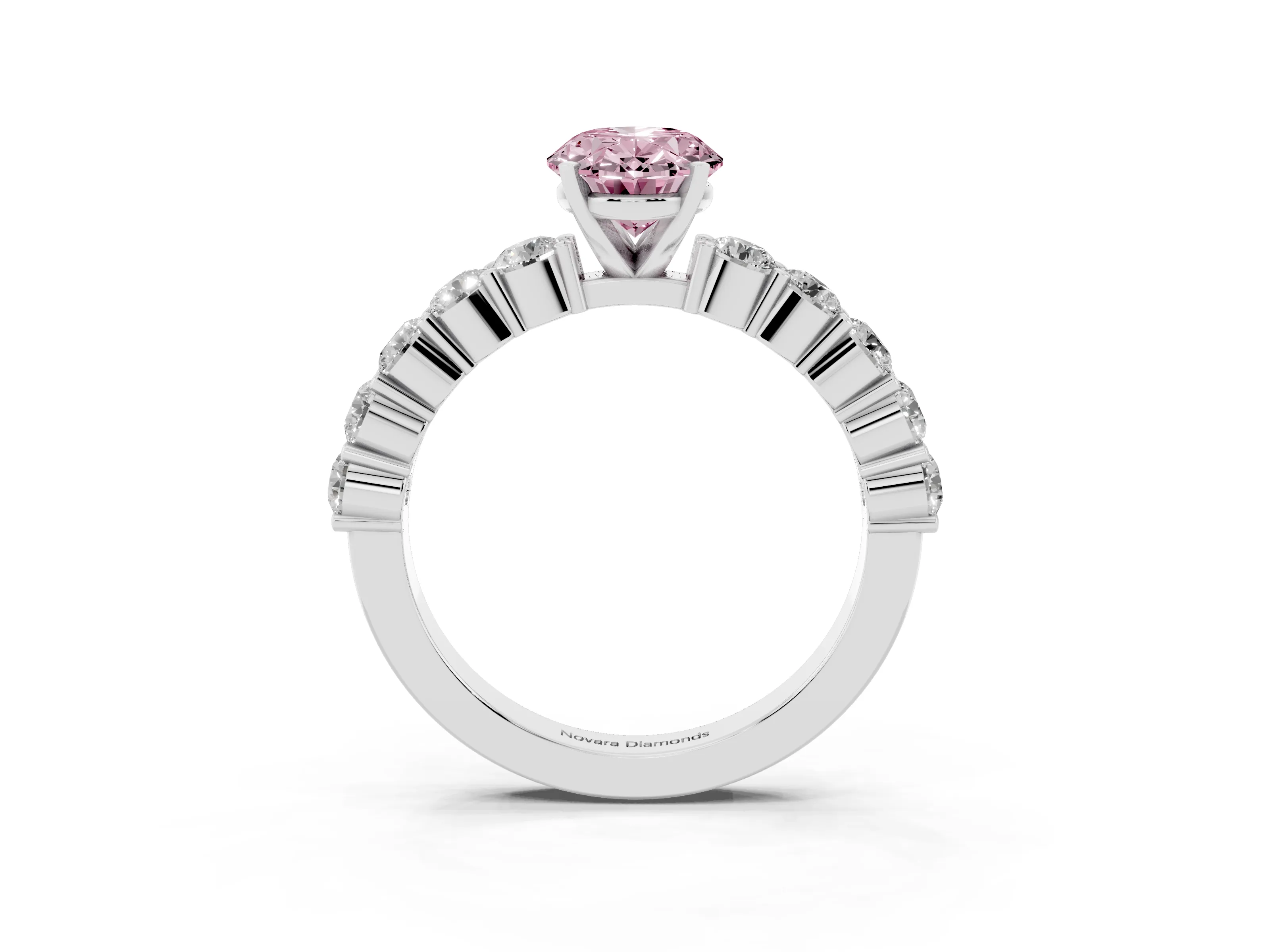 Fancy Pink Oval Cut Diamond Solitaire Ring Set in Platinum with Shared Prong Round Side Stones