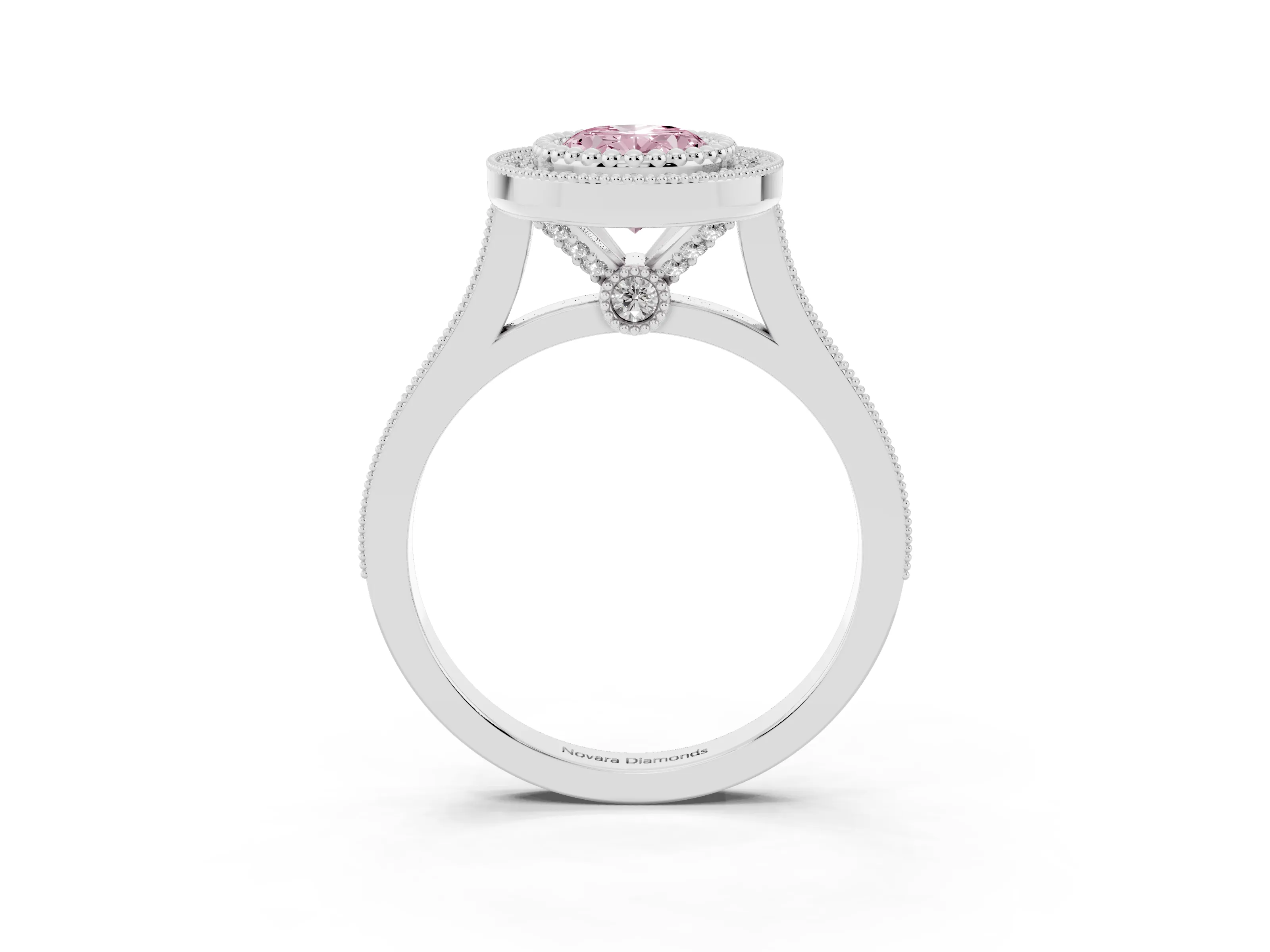 Fancy Pink Oval Cut Diamond Halo Ring Set in Silver with Milgrain Frame and Pavé Band